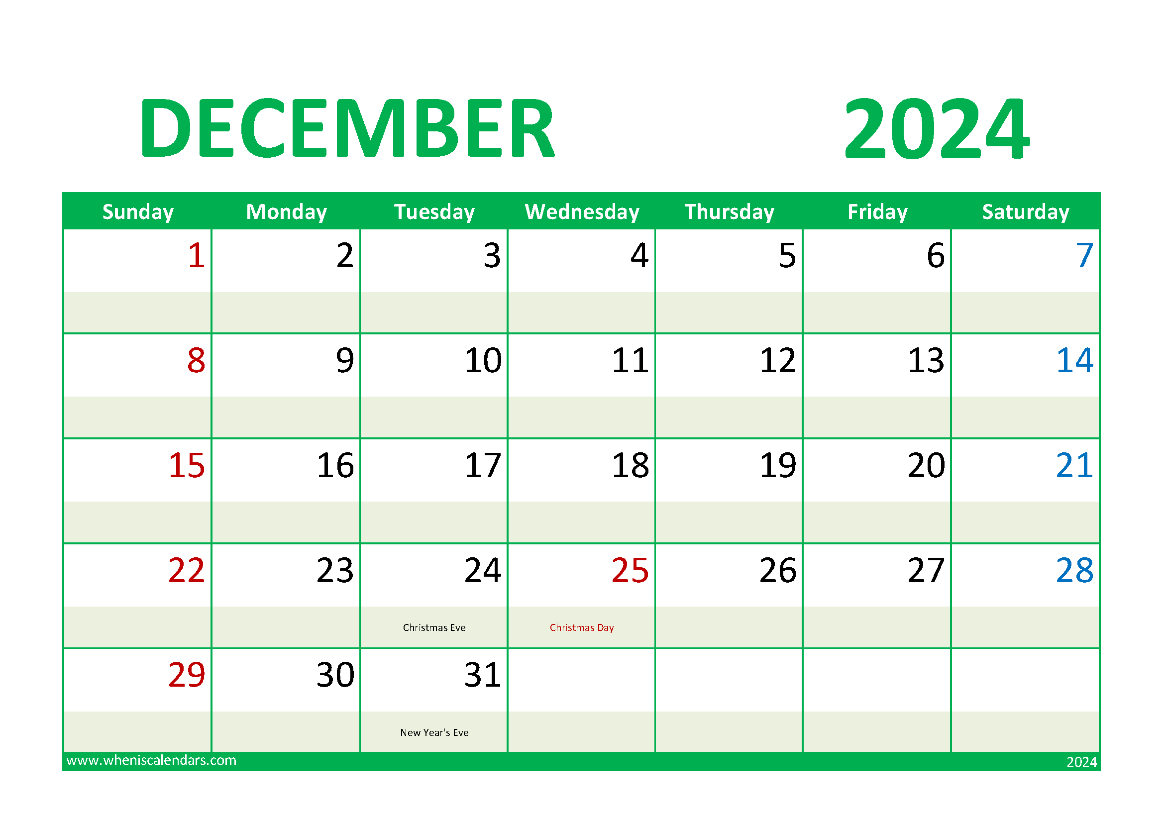Download 2024 December Calendar Holiday A4 Horizontal 124017