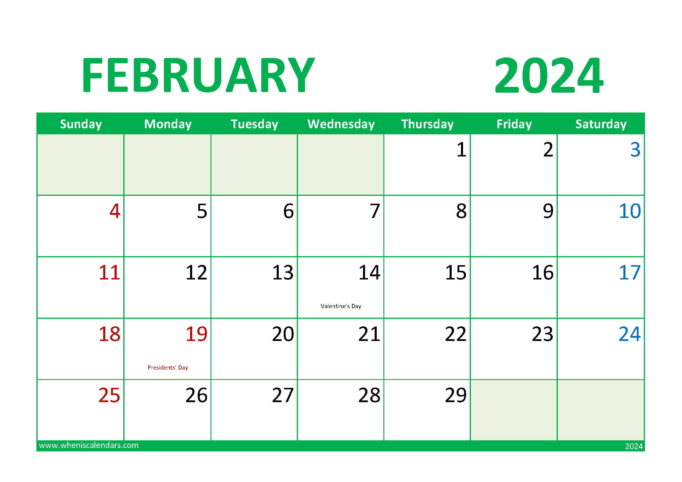 Download February 2024 Calendar Free Printable A4 Horizontal 24018
