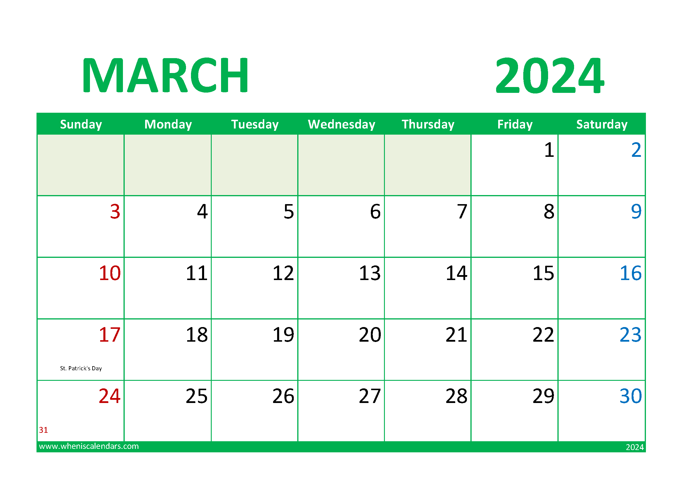 Download March 2024 Calendar Free Printable A4 Horizontal 34018