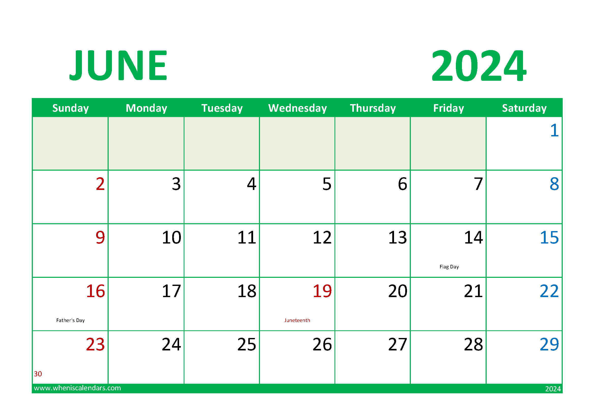 Download June 2024 Calendar Free Printable A4 Horizontal 64018