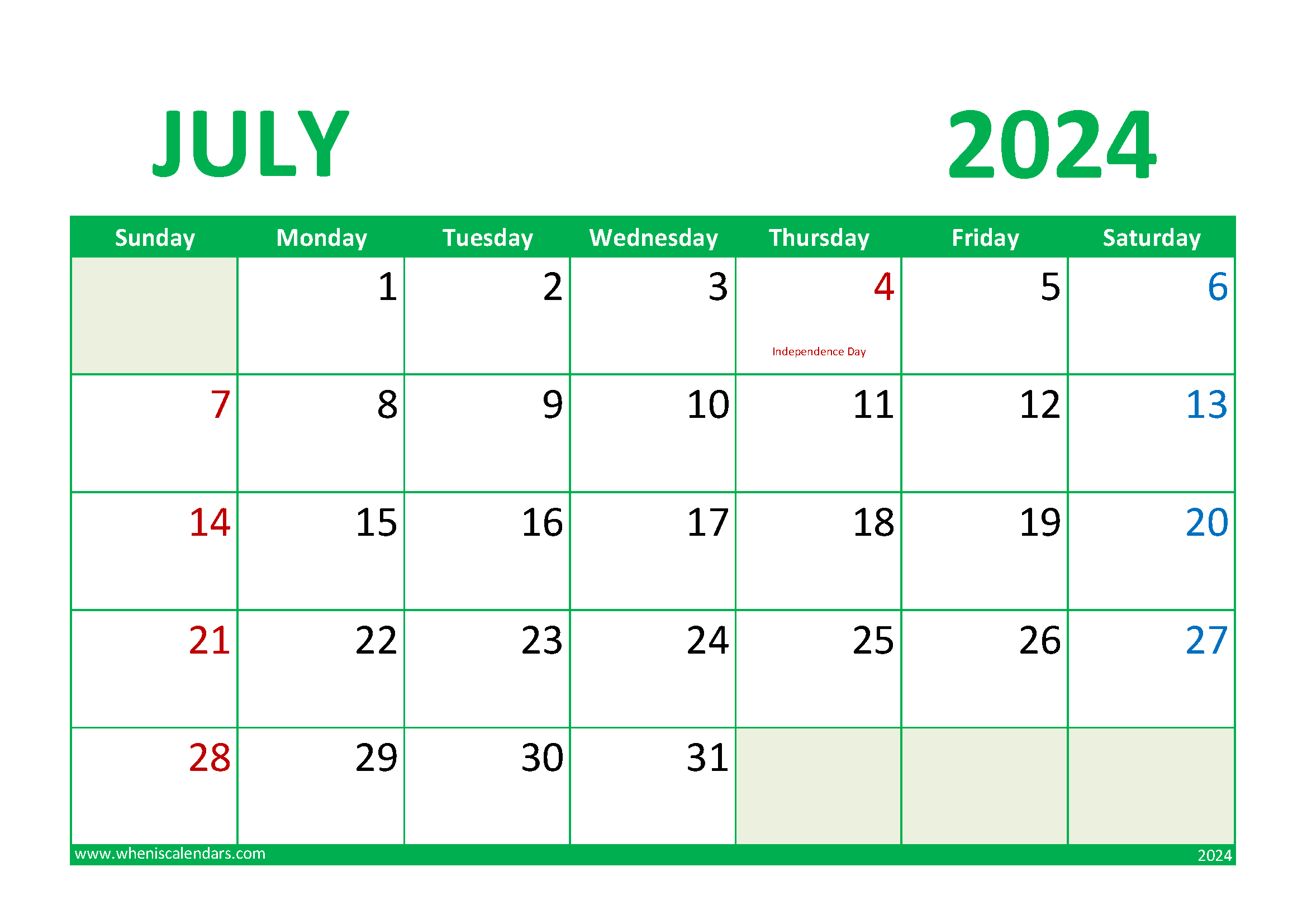 Download July 2024 Calendar Free Printable A4 Horizontal 74018