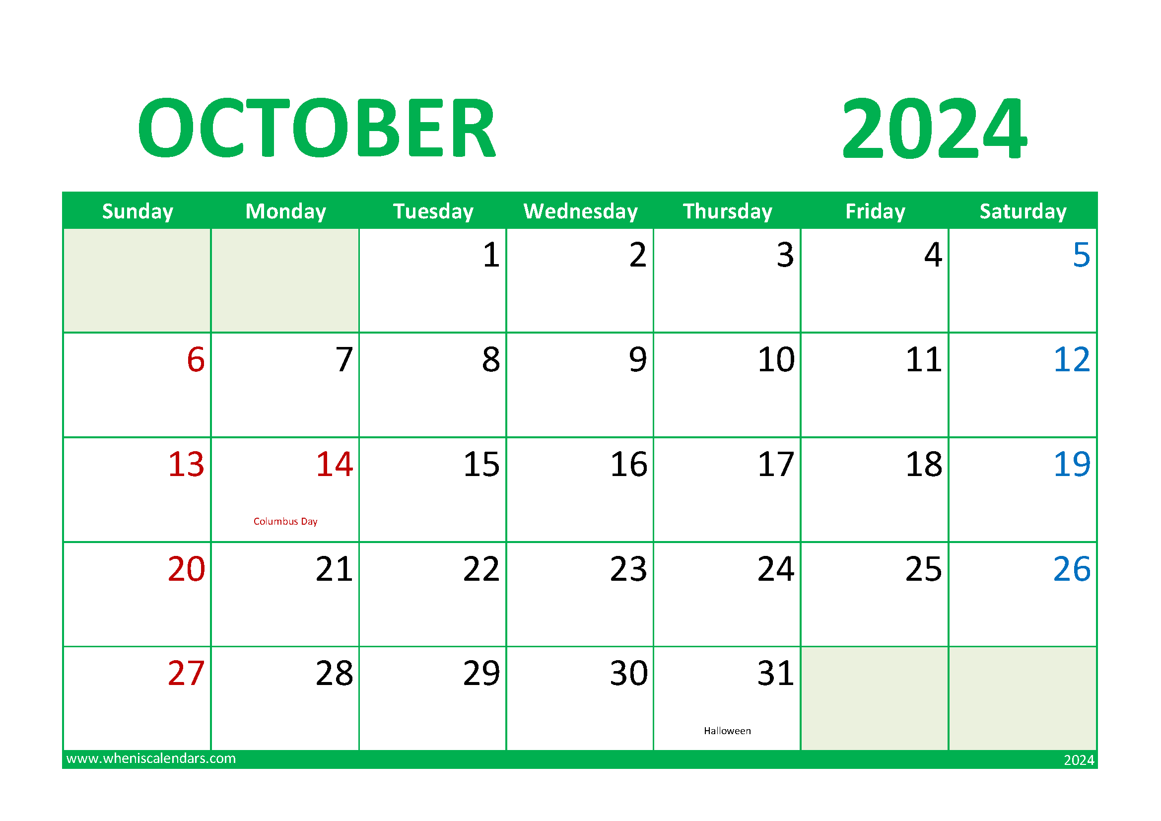 Download October 2024 Calendar Free Printable A4 Horizontal 104018
