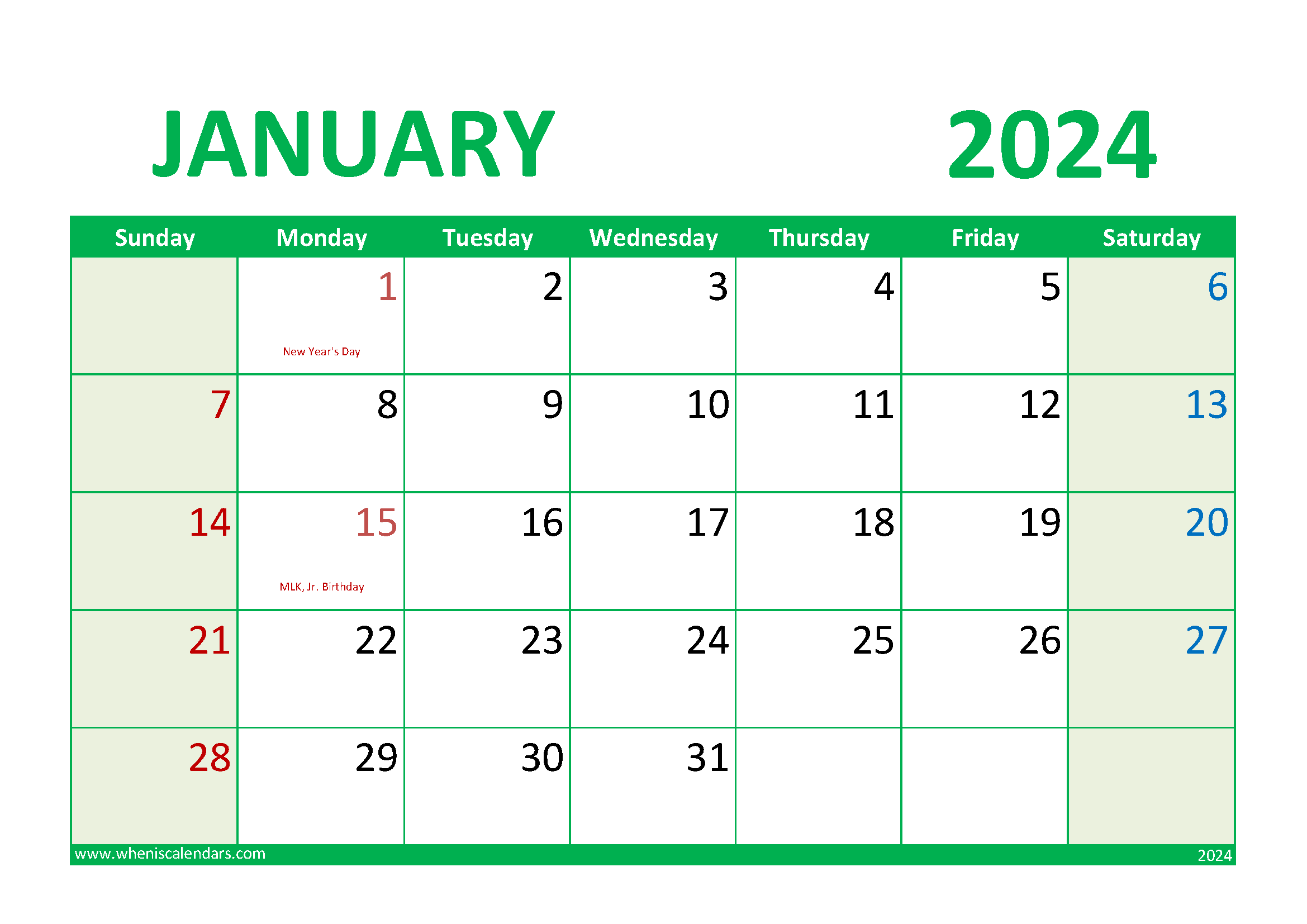 Download 2024 January Calendar Printable A4 Horizontal J4019
