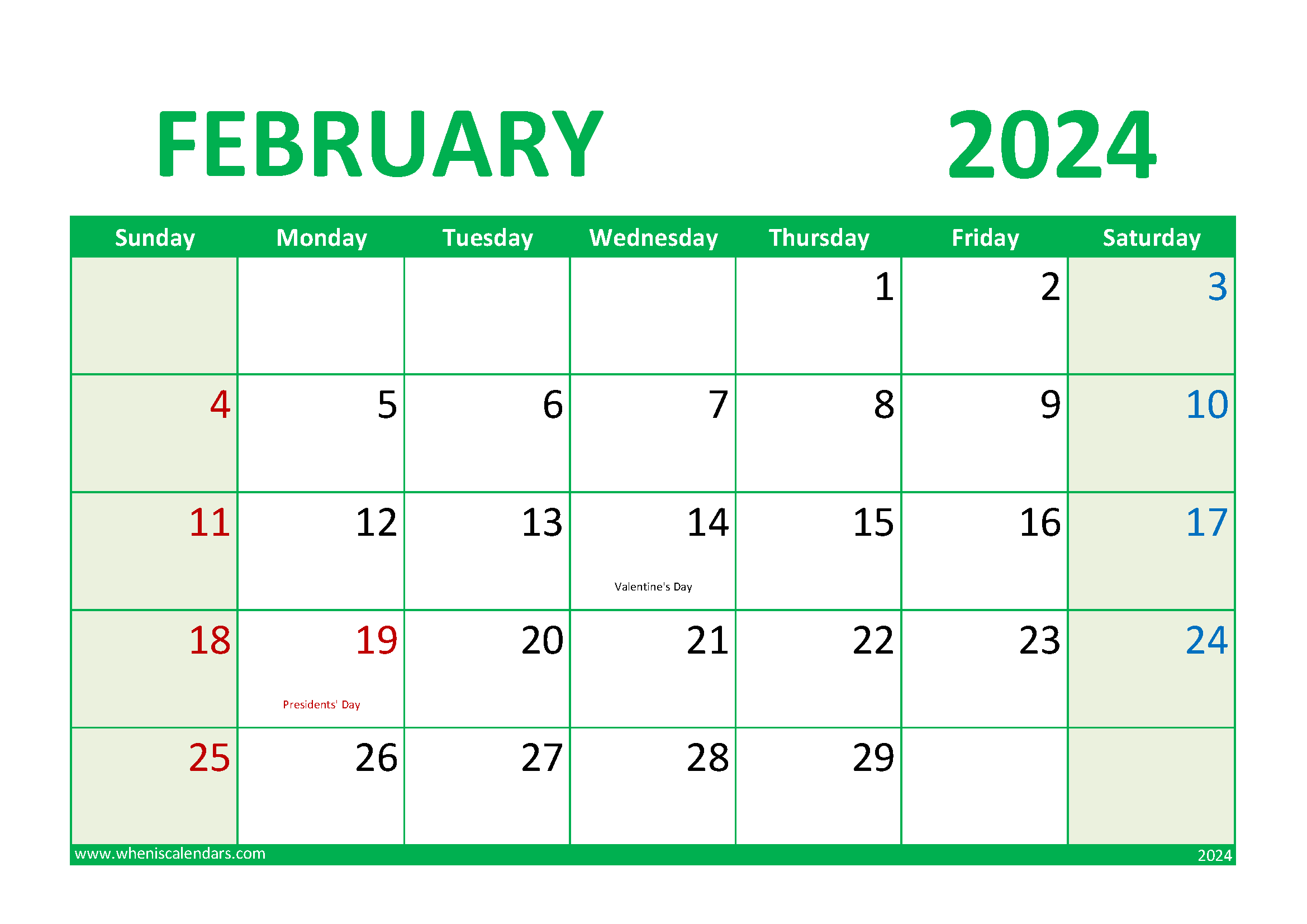 Download 2024 February Calendar Printable A4 Horizontal 24019