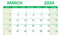 March 2024 Calendar Excel download M3299