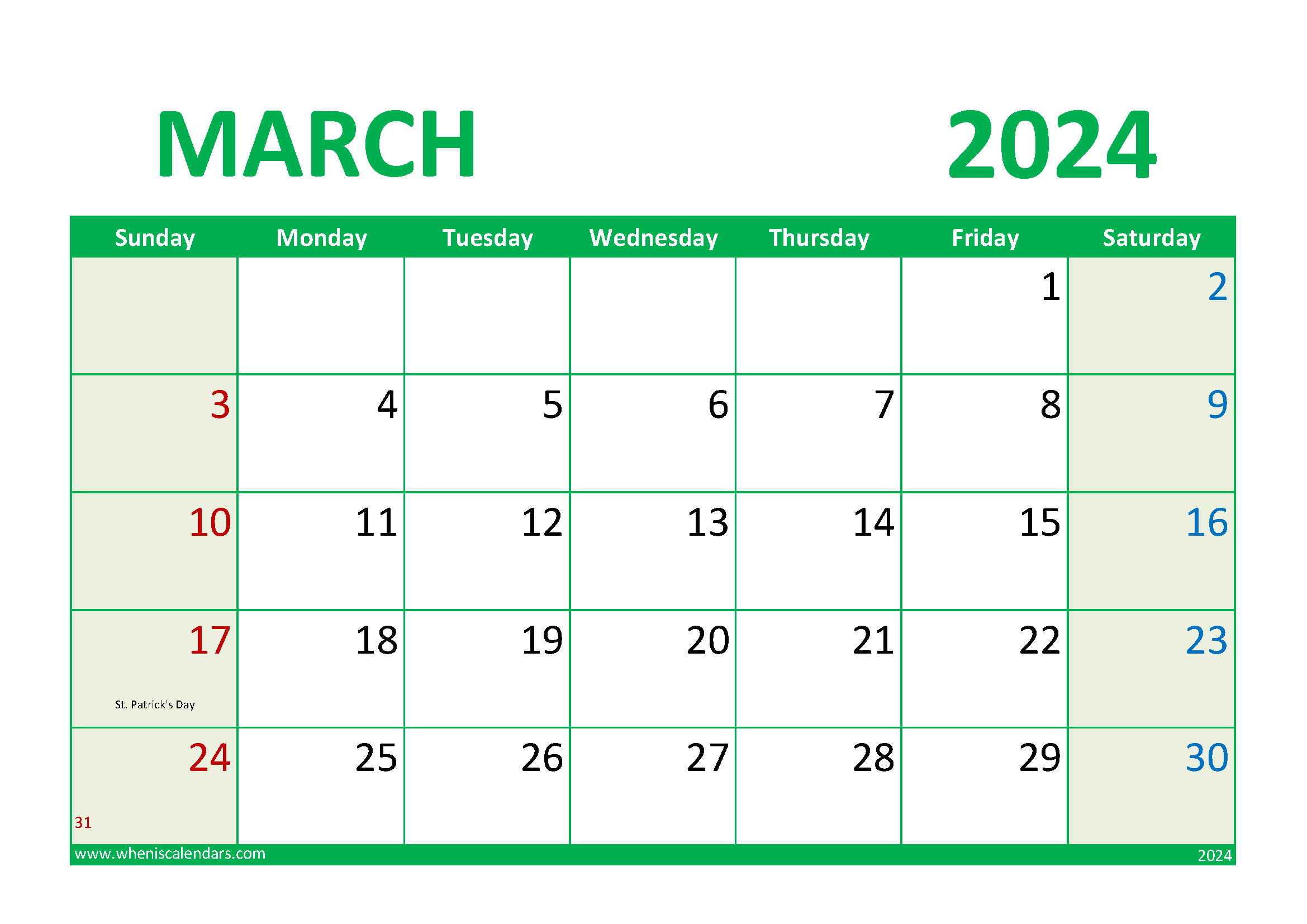 Download 2024 March Calendar Printable A4 Horizontal 34019