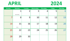 April 2024 Calendar Excel download A4299