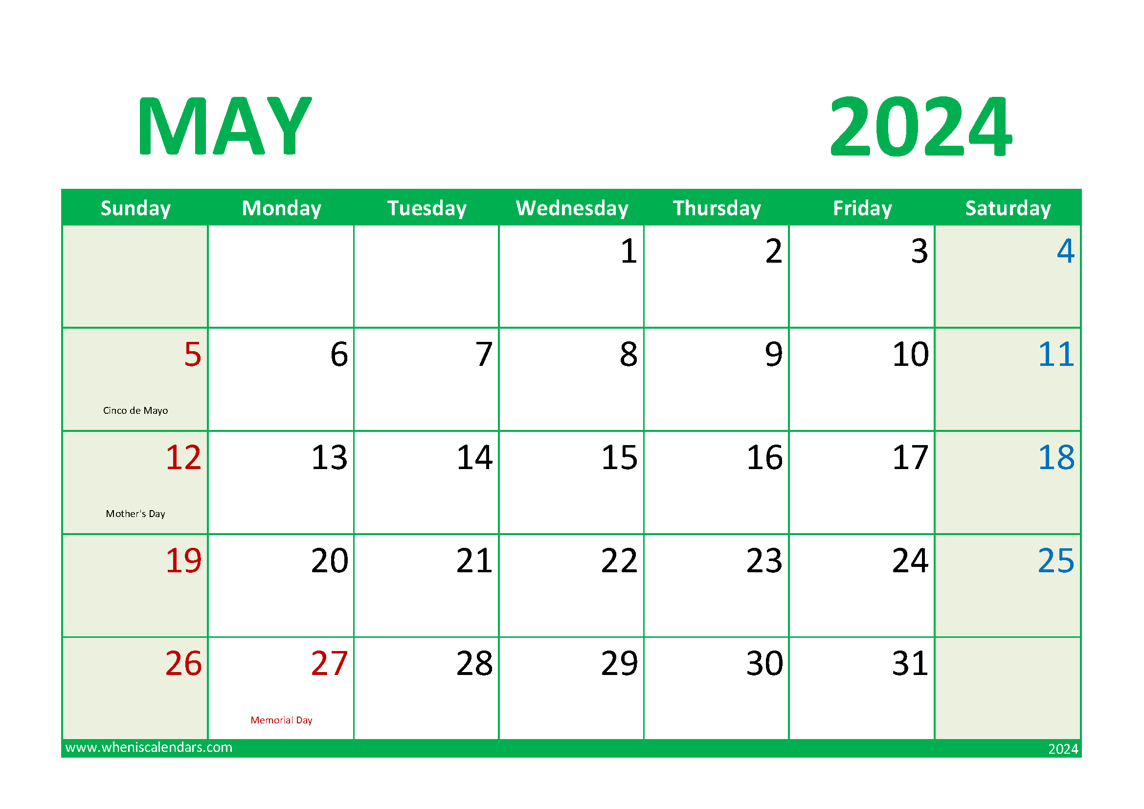 Download 2024 May Calendar Printable A4 Horizontal 54019