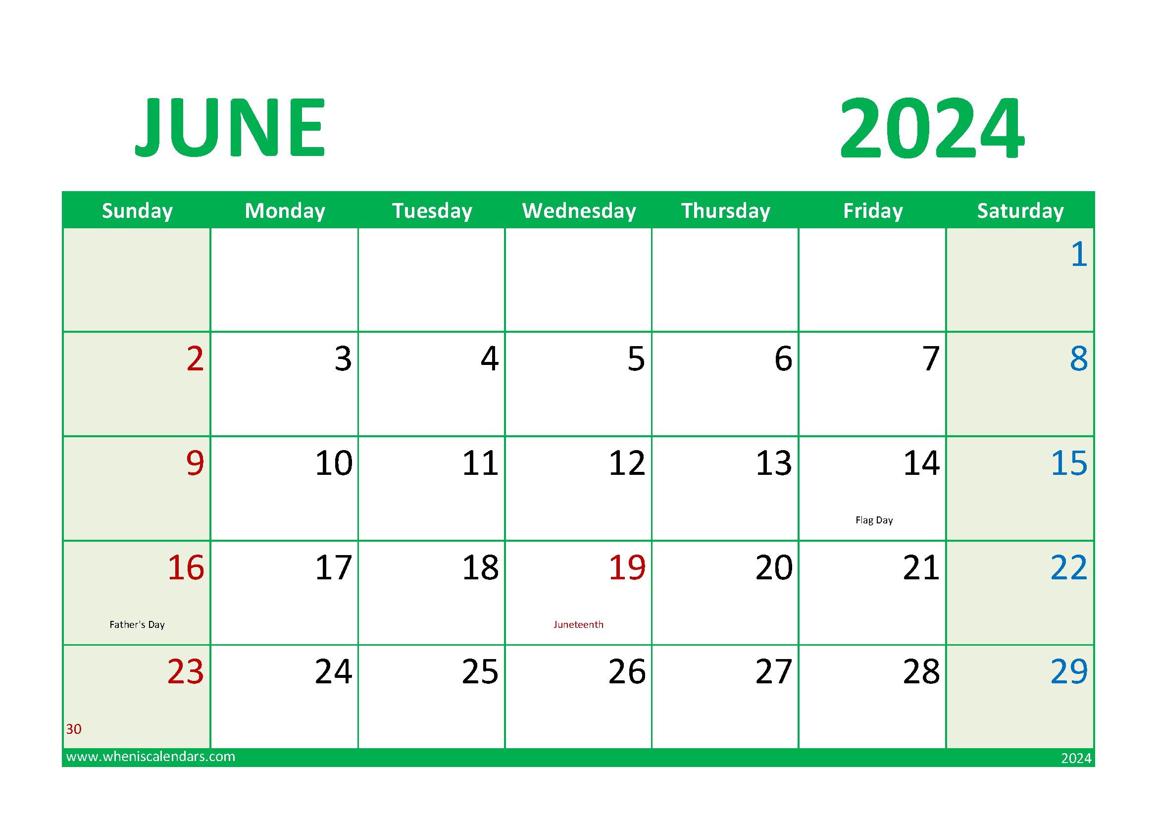 Download 2024 June Calendar Printable A4 Horizontal 64019