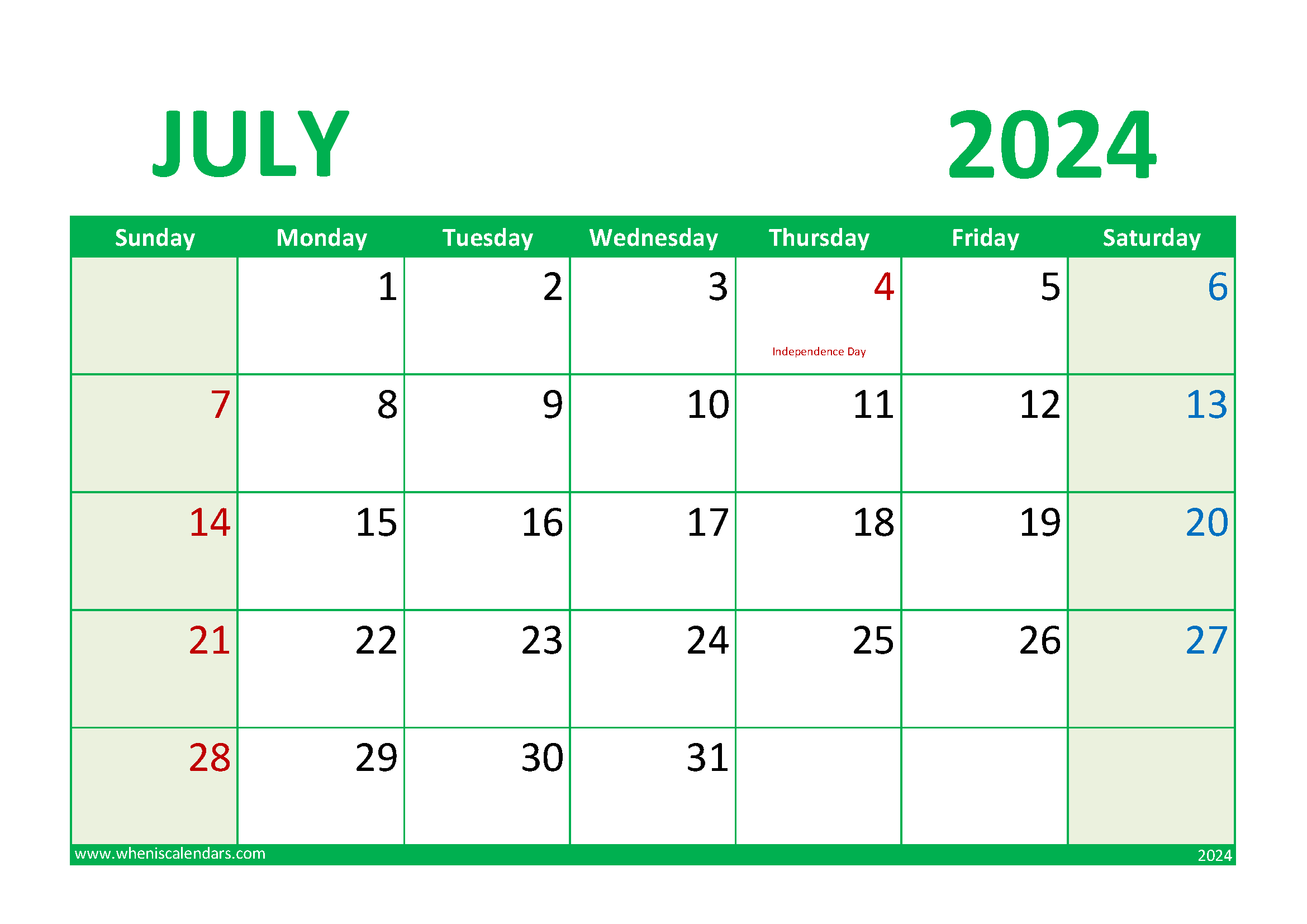 Download 2024 July Calendar Printable A4 Horizontal 74019