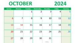 October 2024 Calendar Excel download O1299