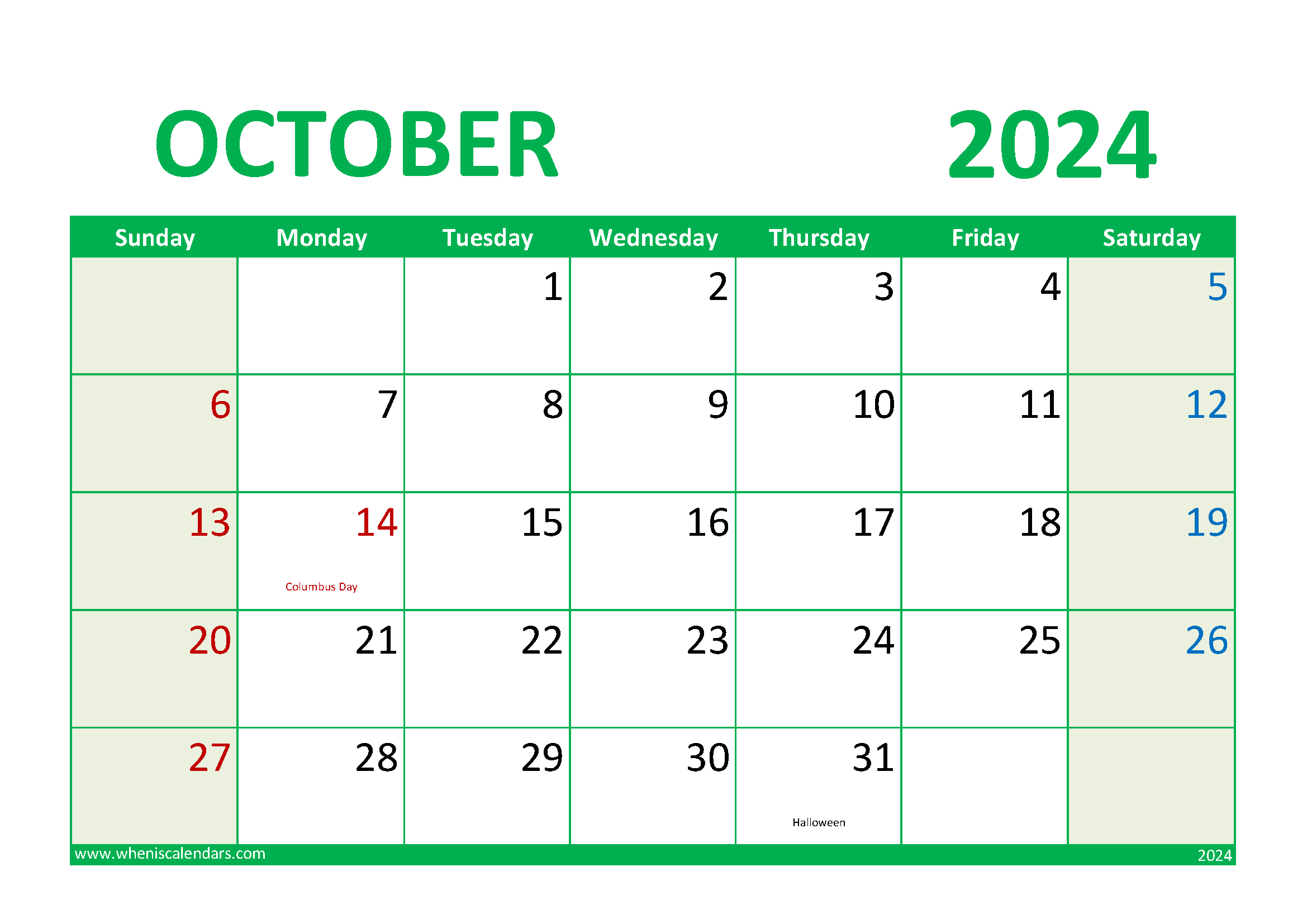 Download 2024 October Calendar Printable A4 Horizontal 104019