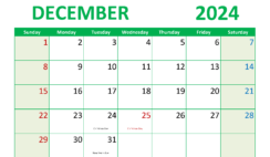 December 2024 Calendar Excel download D1299