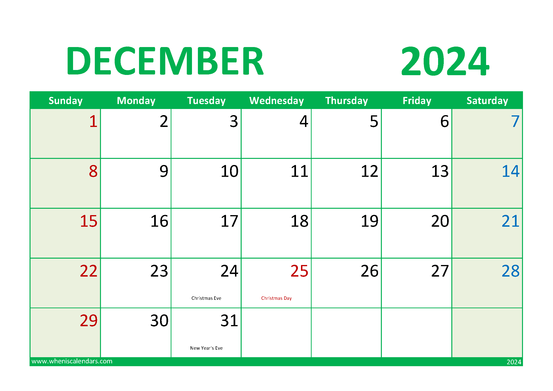 Download 2024 December Calendar Printable A4 Horizontal 124019