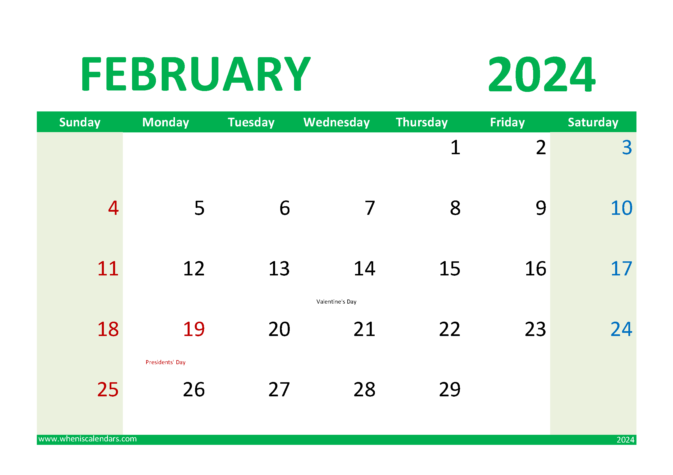 Download February 2024 Printable Calendar Free A4 Horizontal 24020