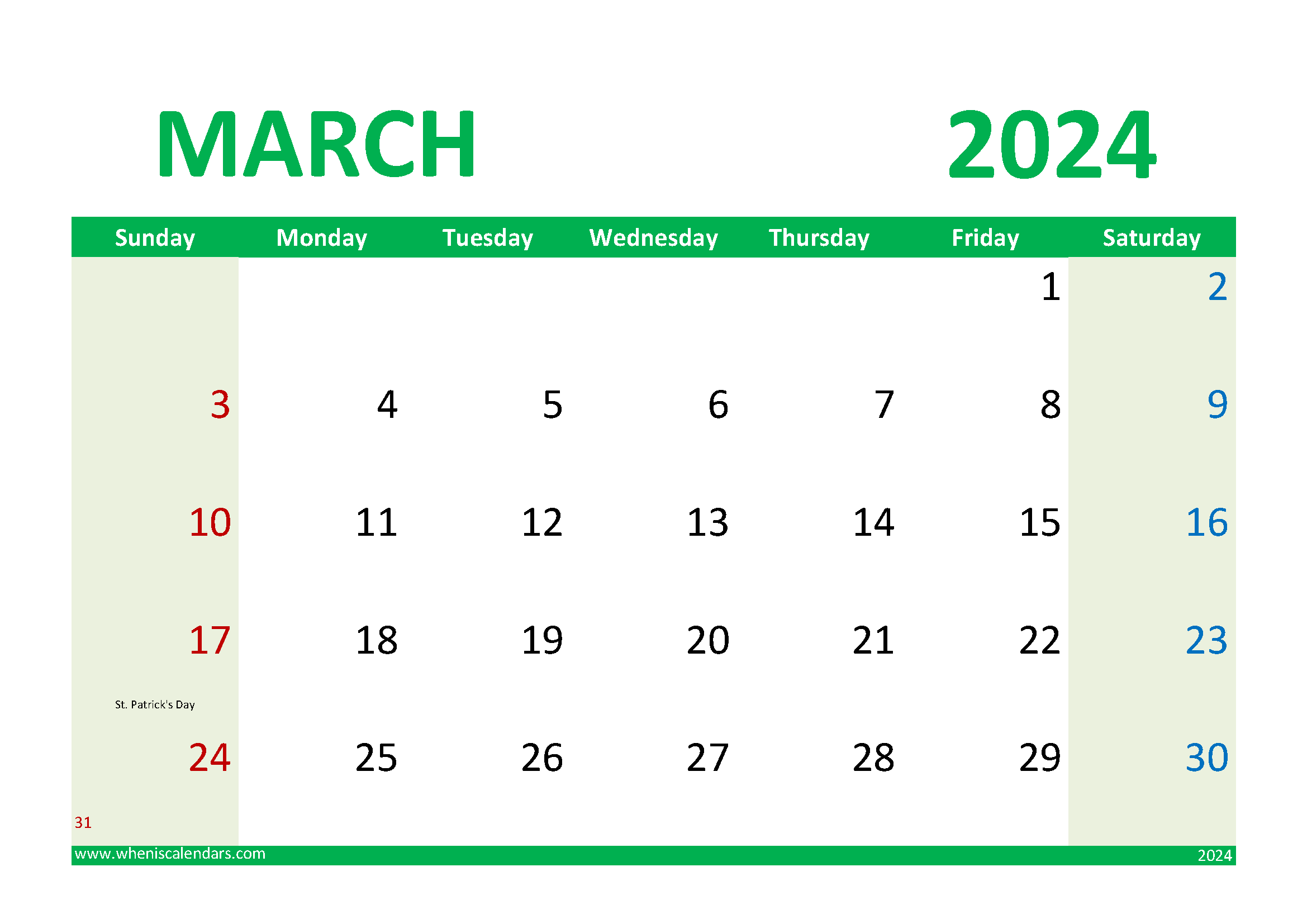 Download March 2024 Printable Calendar Free A4 Horizontal 34020