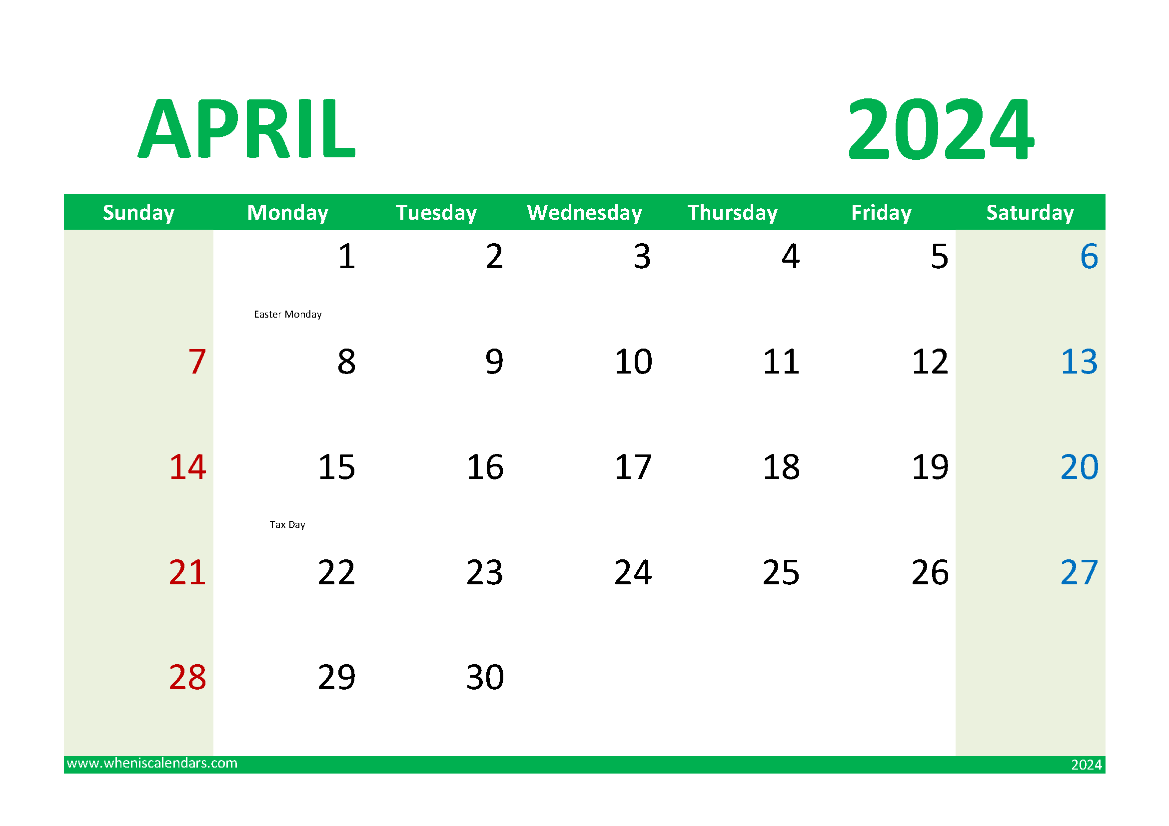 Download April 2024 Printable Calendar Free A4 Horizontal 44020