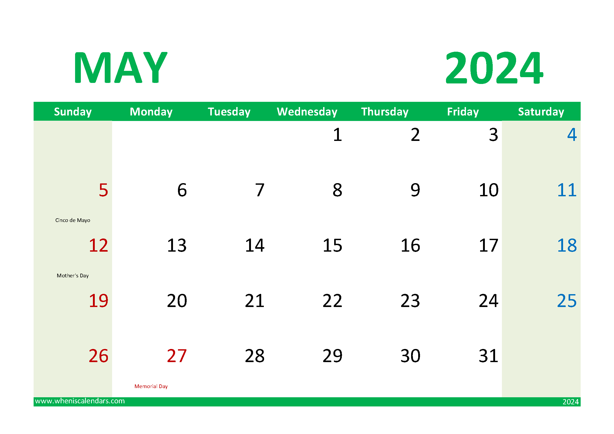 Download May 2024 Printable Calendar Free A4 Horizontal 54020