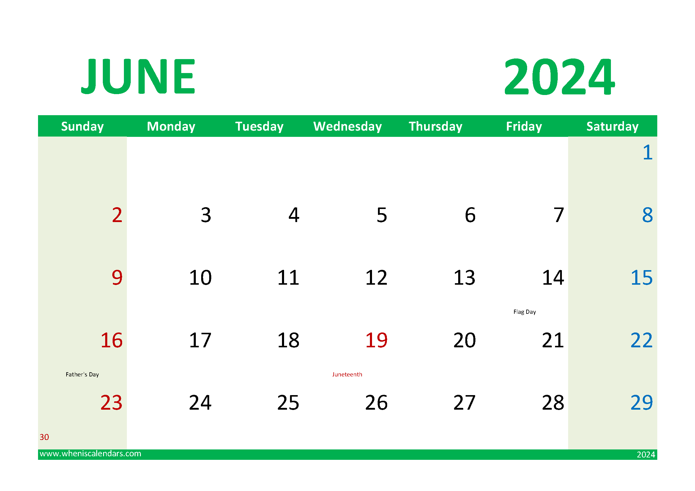 Download June 2024 Printable Calendar Free A4 Horizontal 64020