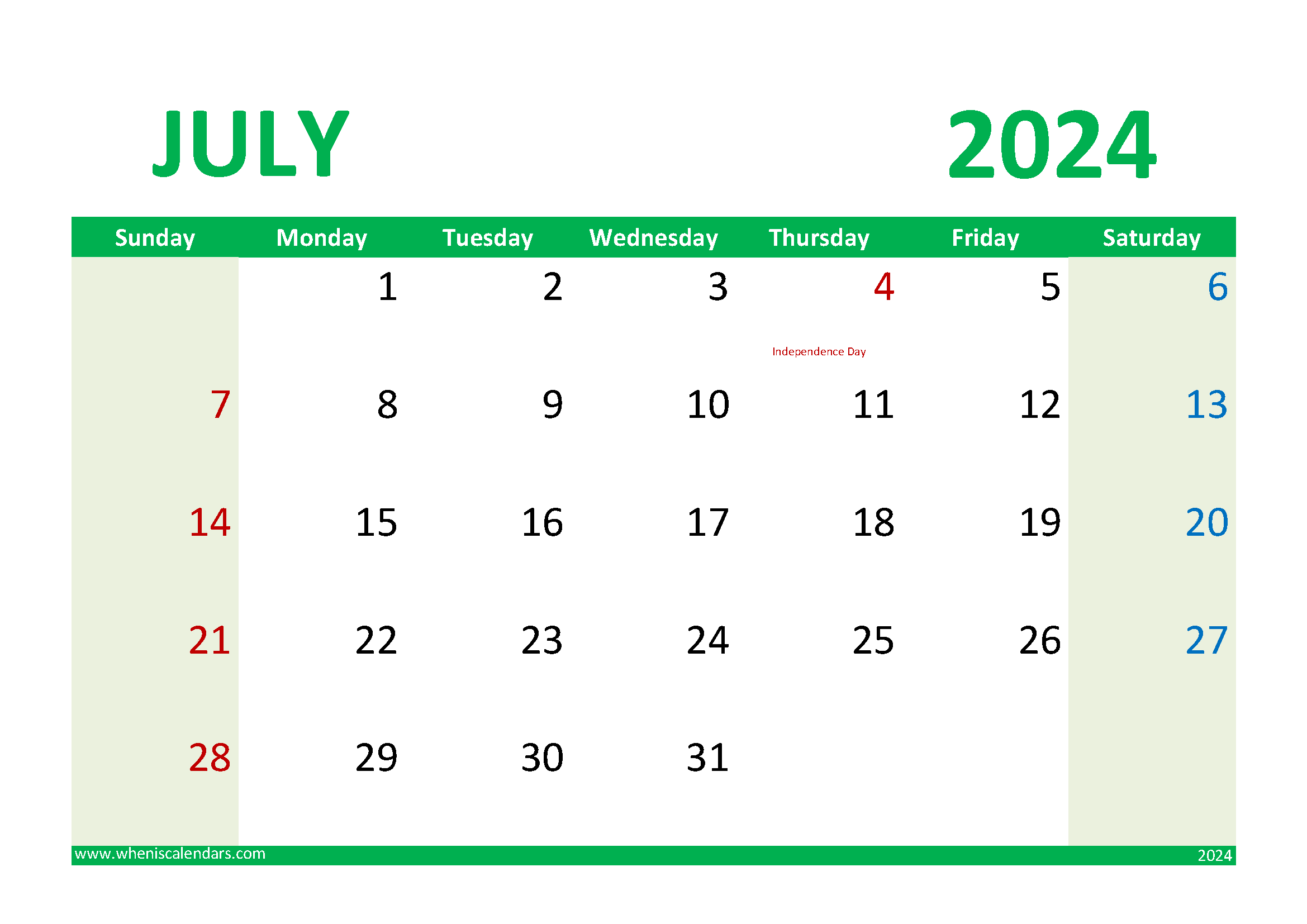 Download July 2024 Printable Calendar Free A4 Horizontal 74020
