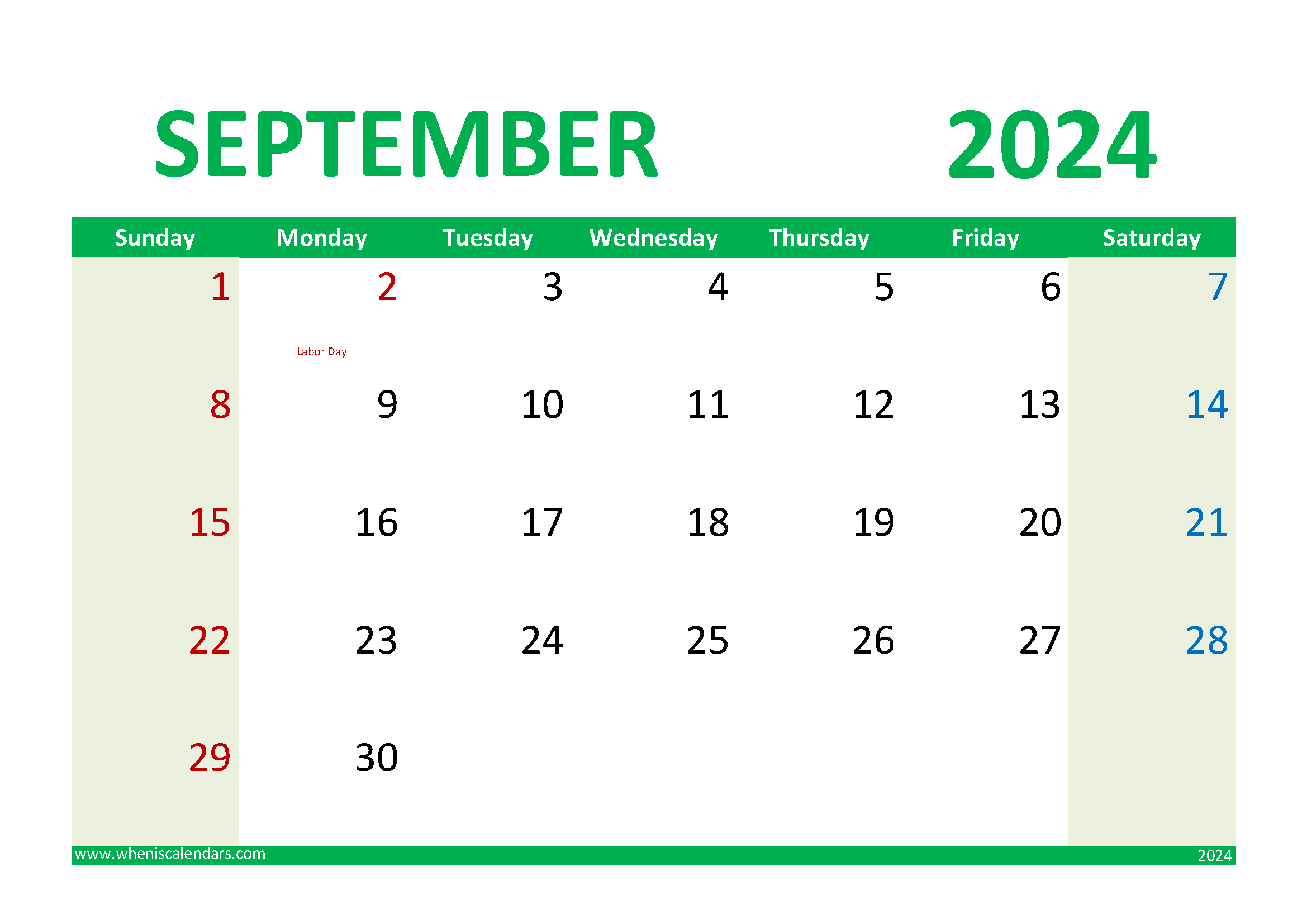 Download September 2024 Printable Calendar Free A4 Horizontal 94020