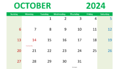 Blank Calendar of October 2024 O1300
