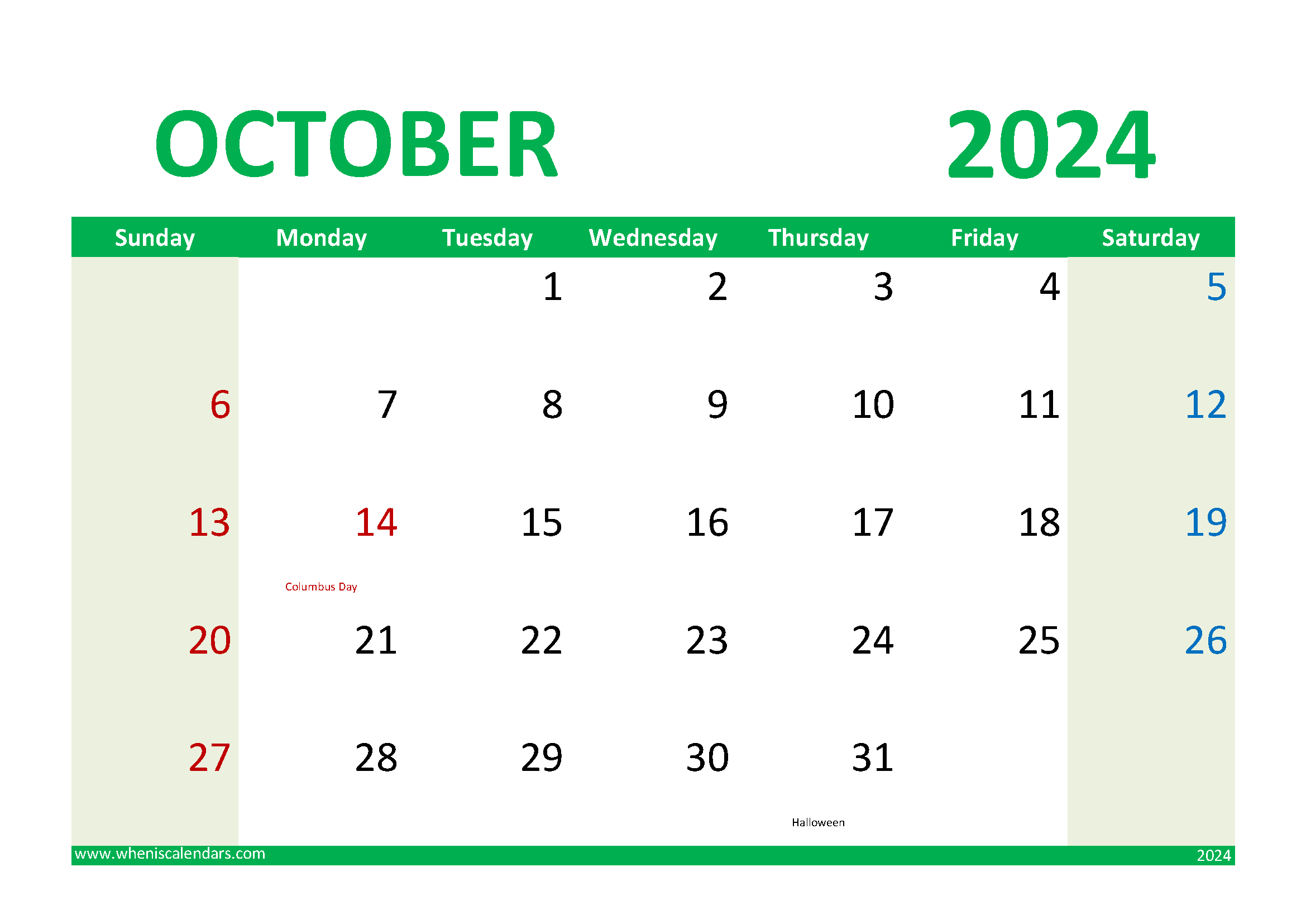 Download October 2024 Printable Calendar Free A4 Horizontal 104020