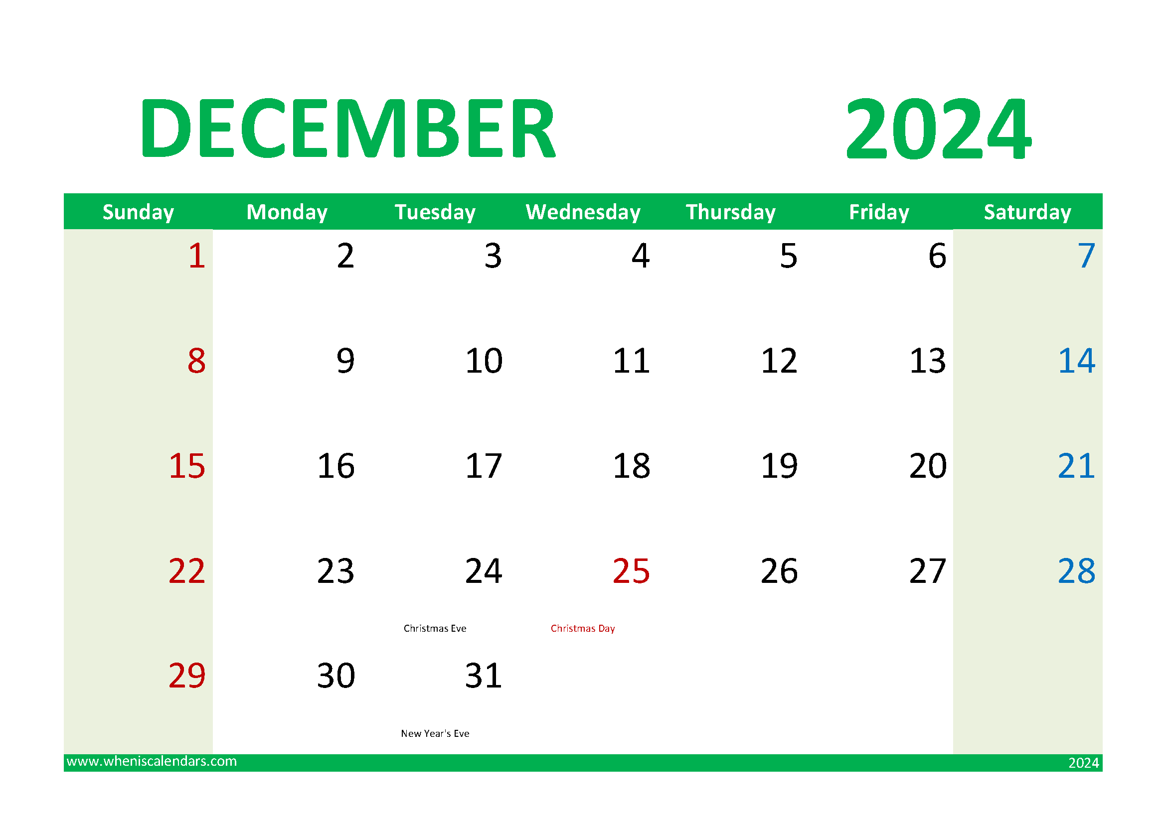 Download December 2024 Printable Calendar Free A4 Horizontal 124020