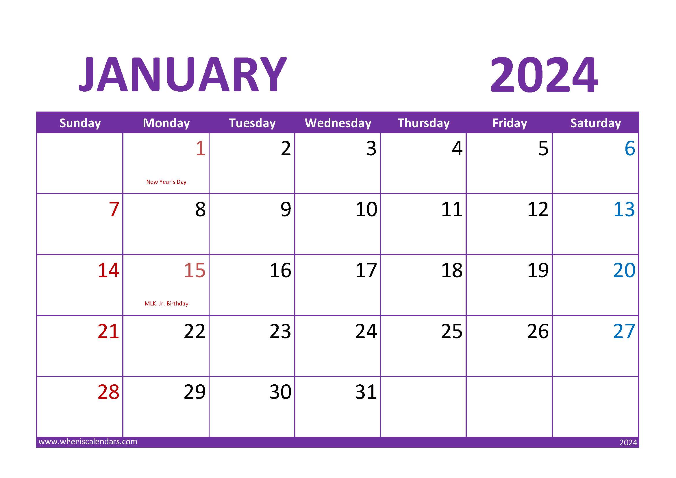 Download January 2024 Blank Calendar A4 Horizontal J4021