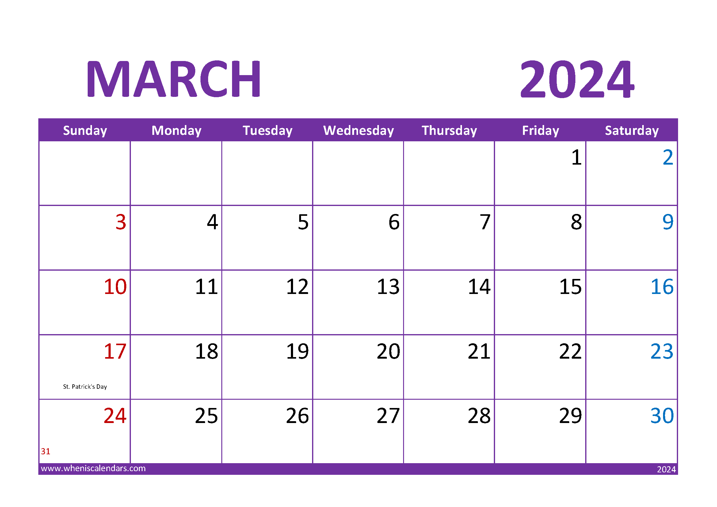 Download March 2024 Blank Calendar A4 Horizontal 34021