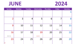 Blank Monthly Calendar Printable June 2024 J6301