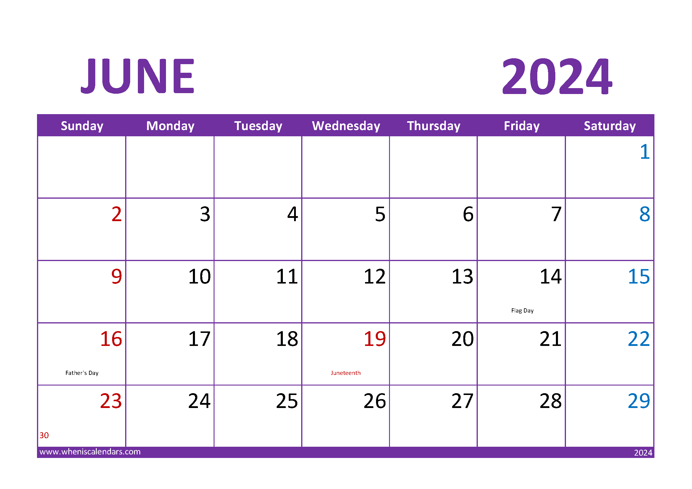 Download June 2024 Blank Calendar A4 Horizontal 64021