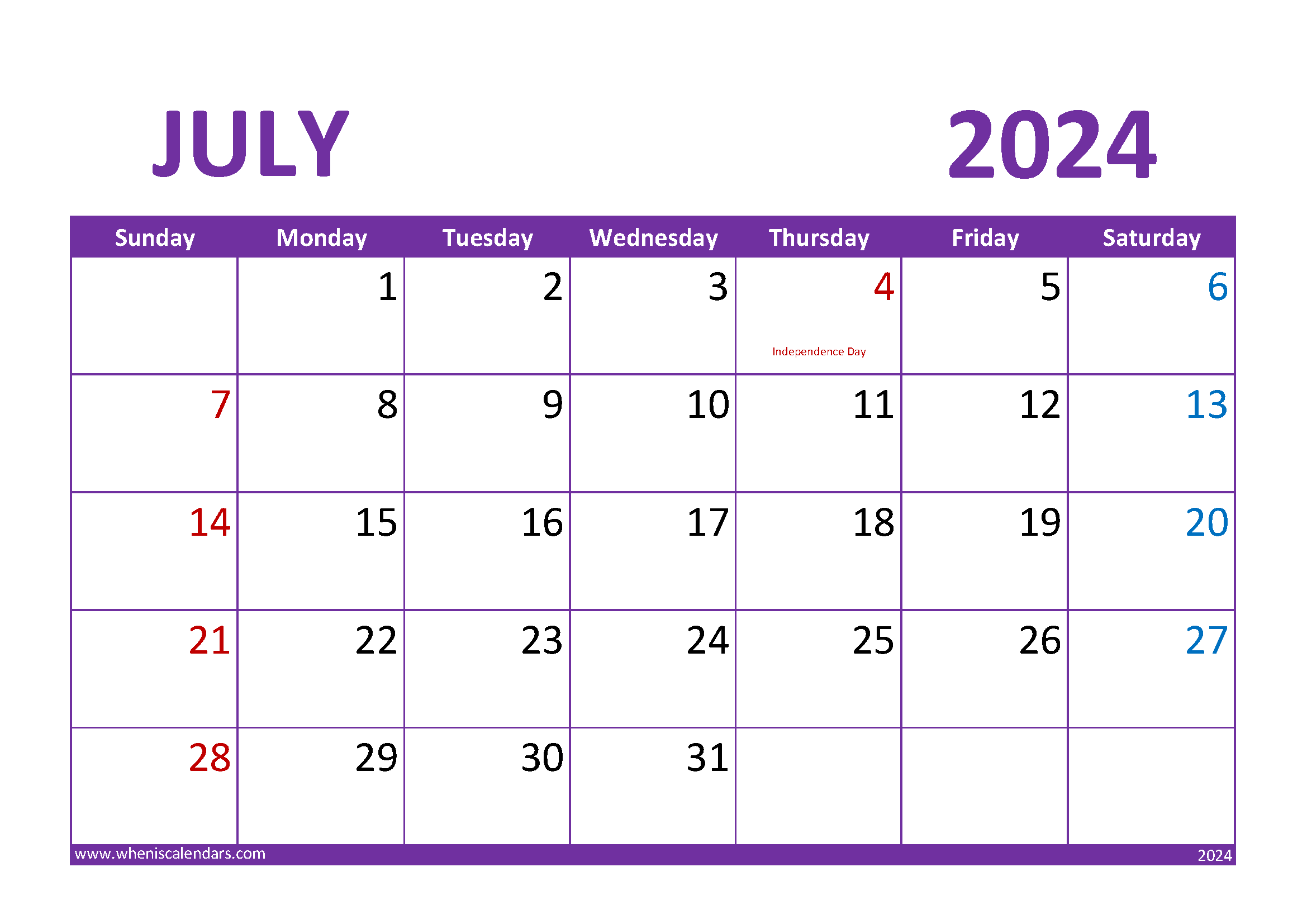 Download July 2024 Blank Calendar A4 Horizontal 74021