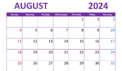 Blank Monthly Calendar Printable August 2024 A8301