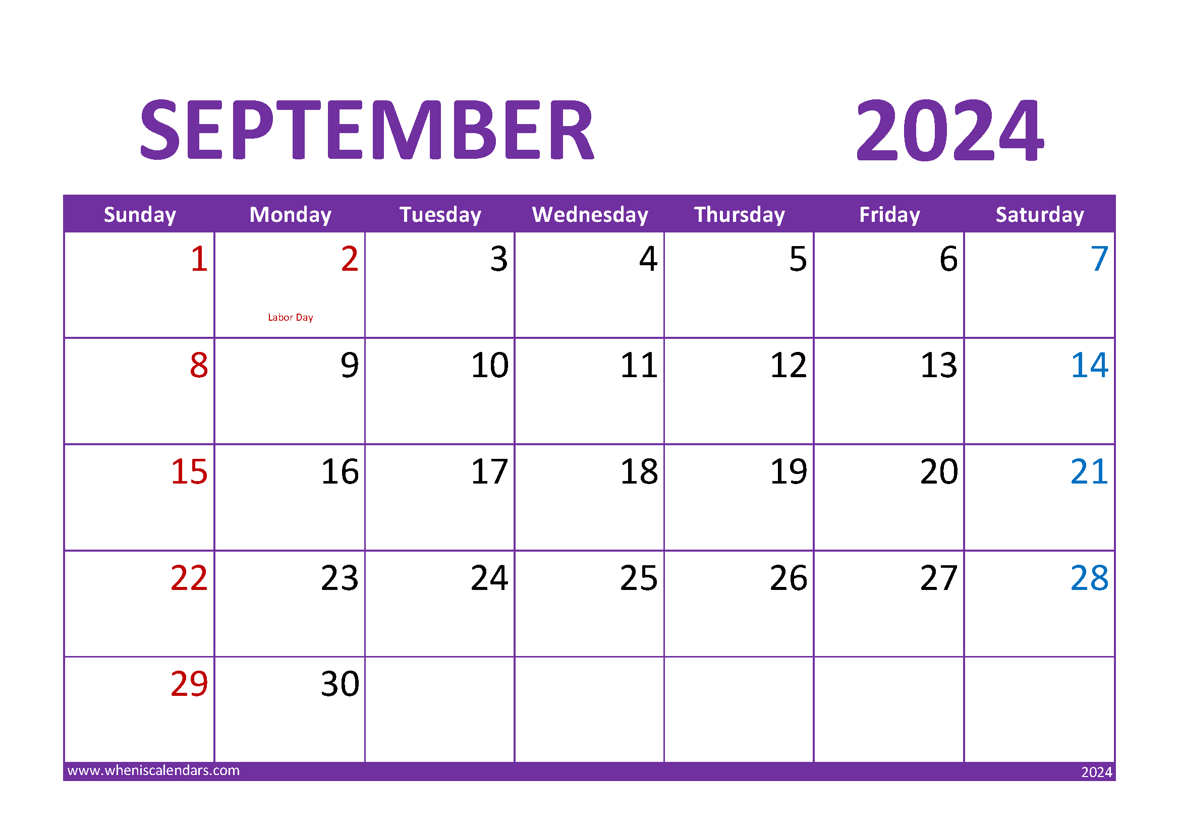 Download September 2024 Blank Calendar A4 Horizontal 94021