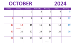 Blank Monthly Calendar Printable October 2024 O1301