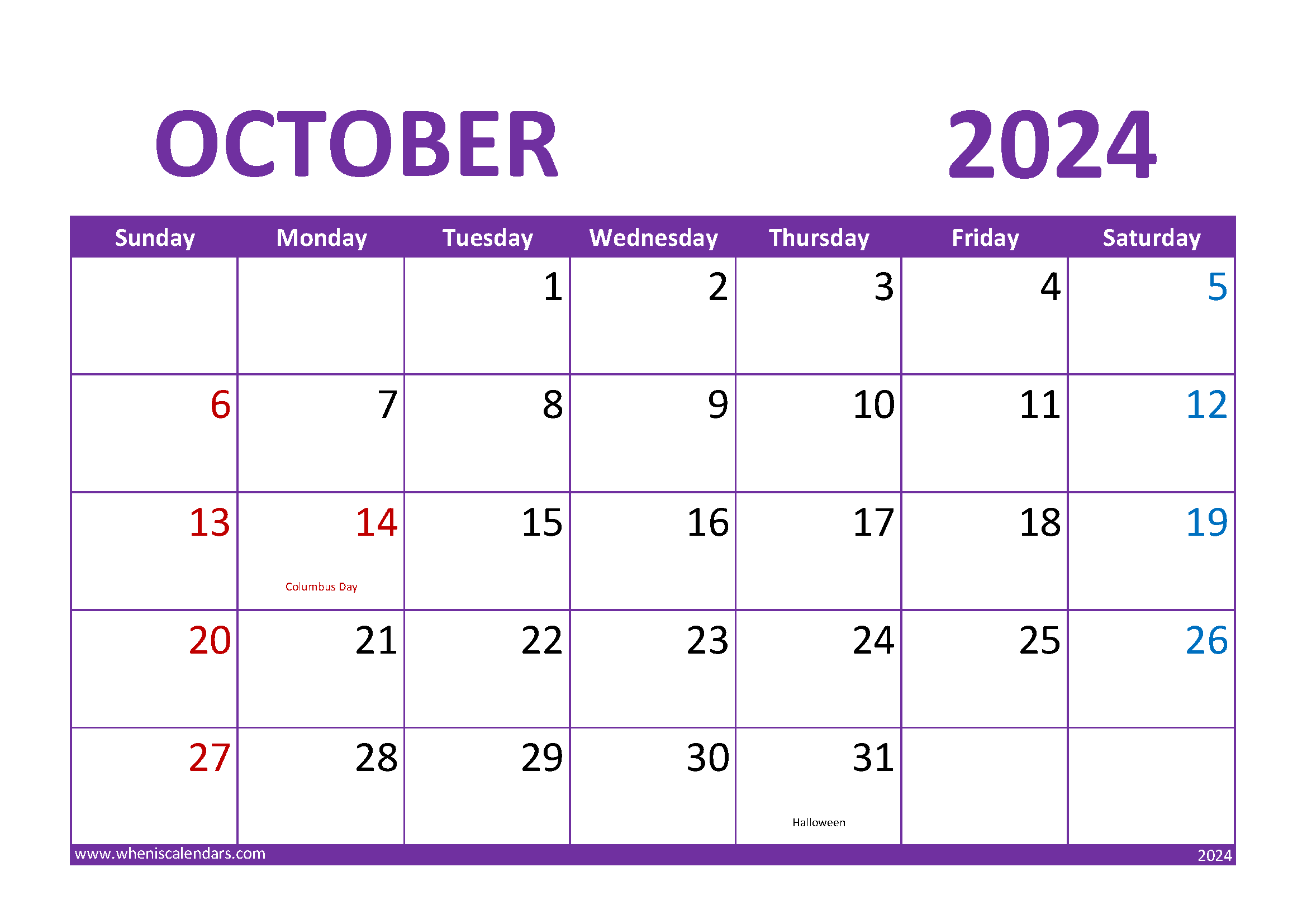 Download October 2024 Blank Calendar A4 Horizontal 104021