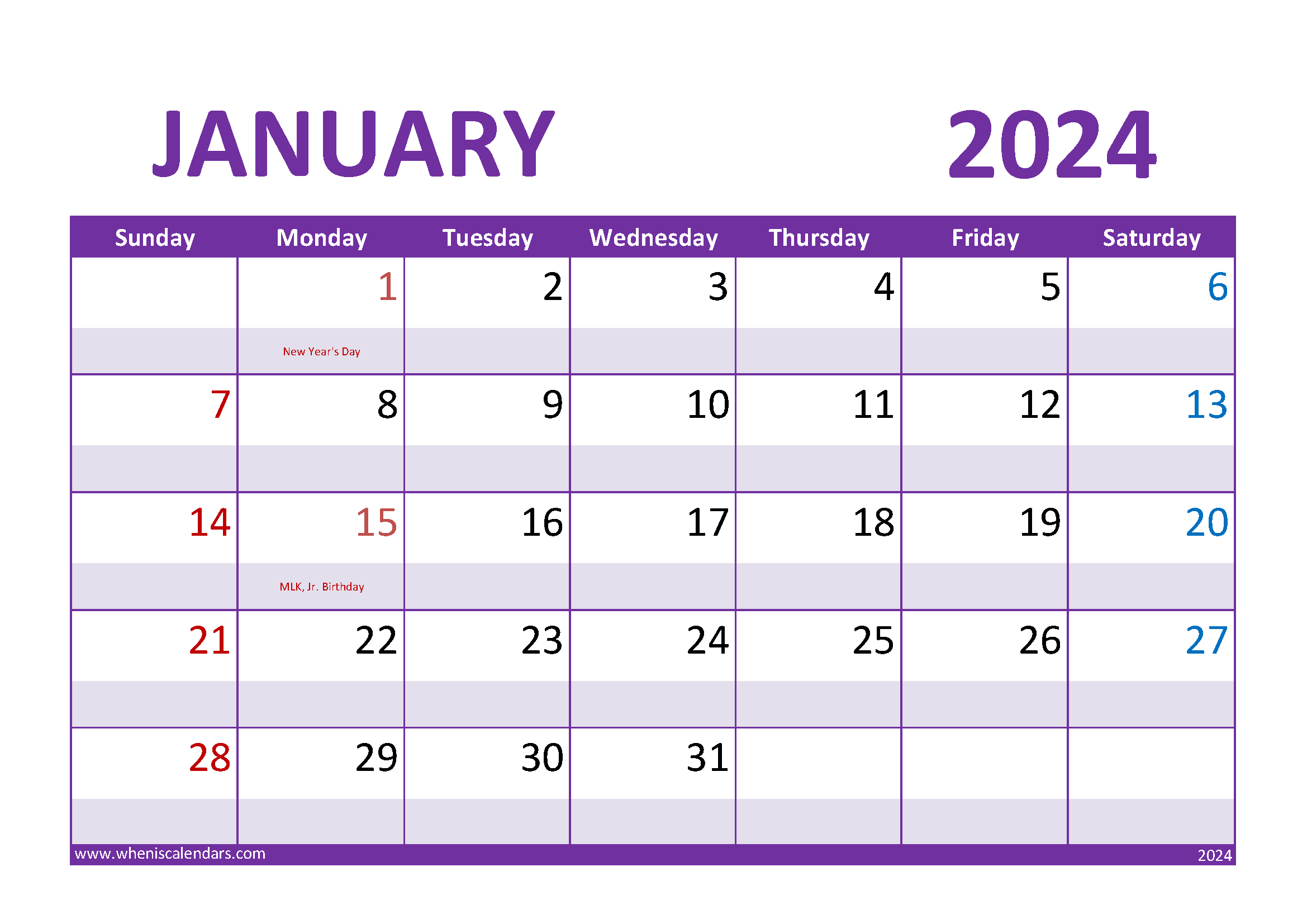 Download January Calendar 2024 with Holidays A4 Horizontal J4022