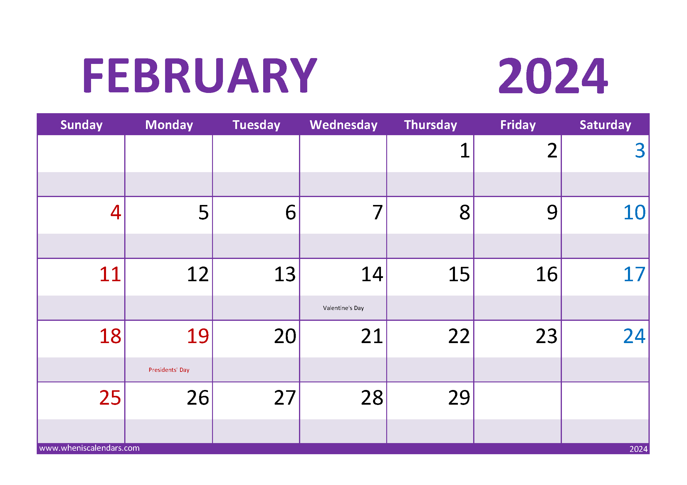 Download February Calendar 2024 with Holidays A4 Horizontal 24022