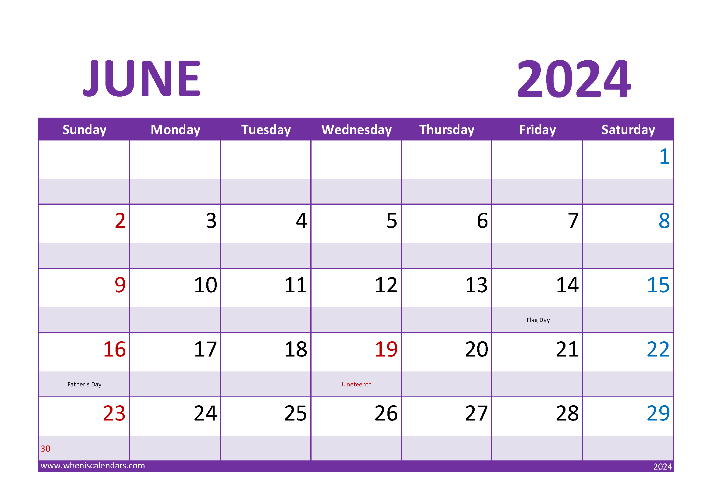 Download June Calendar 2024 with Holidays A4 Horizontal 64022