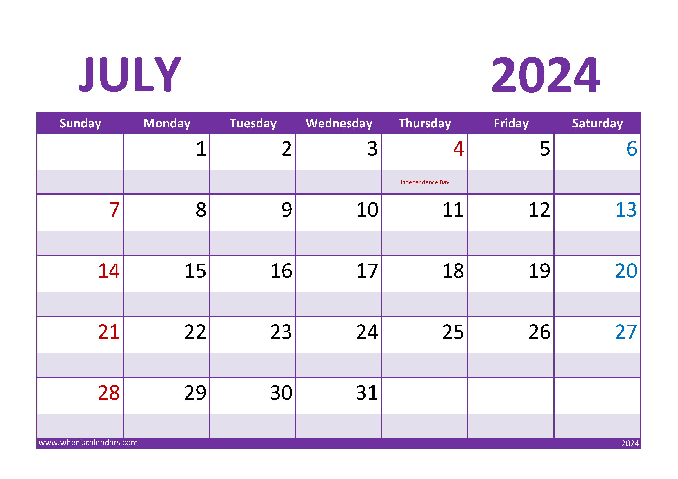 Download July Calendar 2024 with Holidays A4 Horizontal 74022