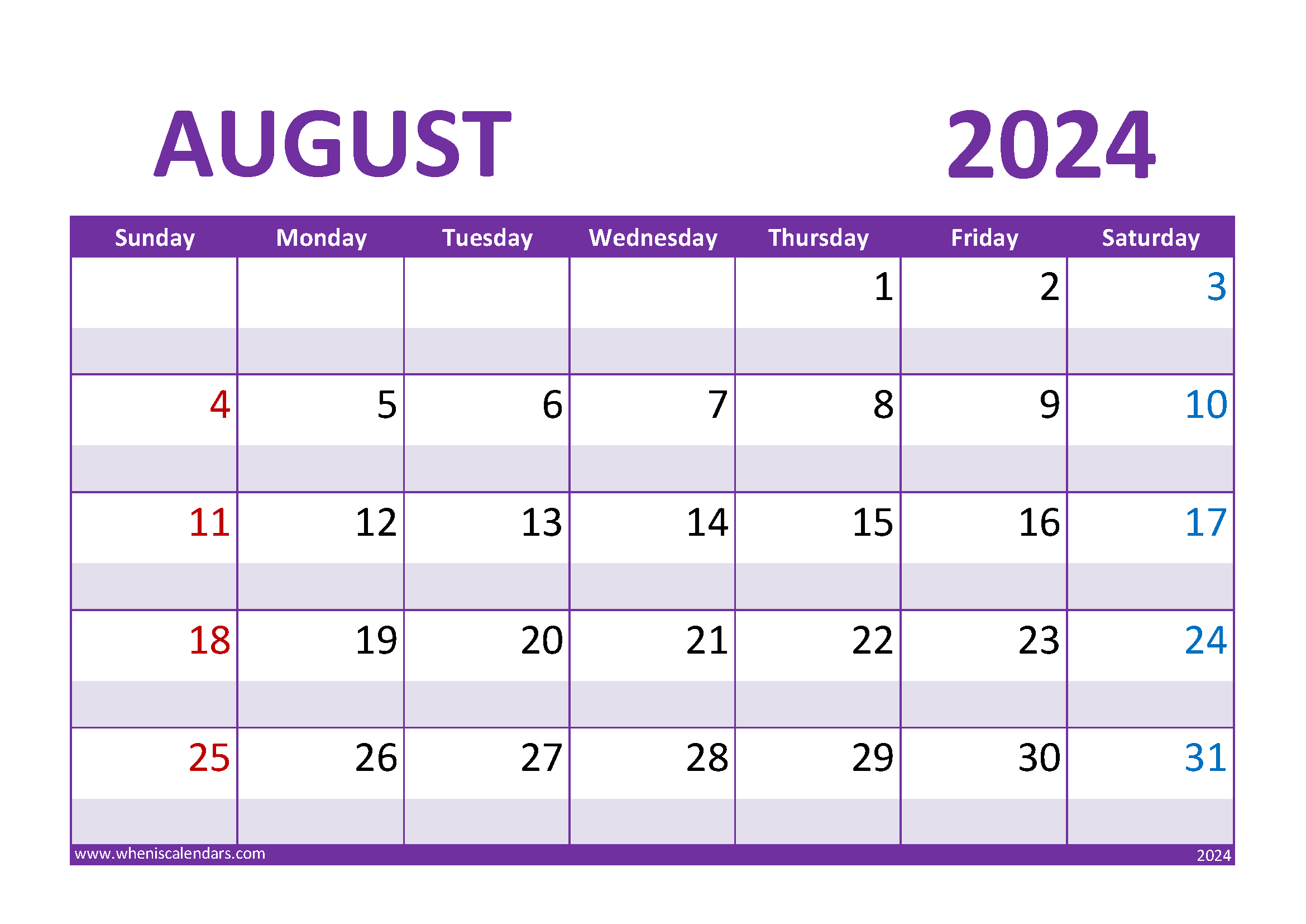 Download August Calendar 2024 with Holidays A4 Horizontal 84022