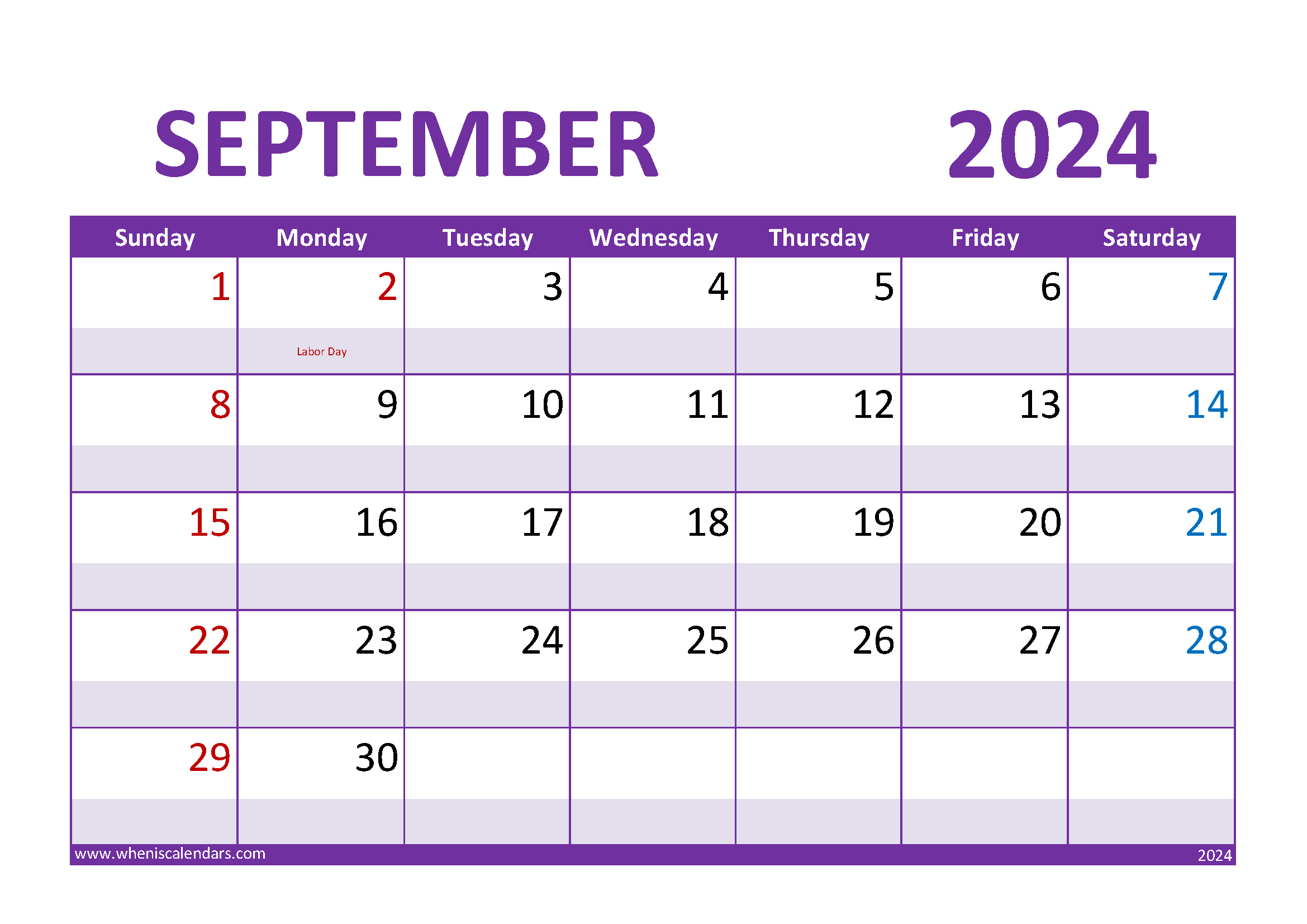 Download September Calendar 2024 with Holidays A4 Horizontal 94022