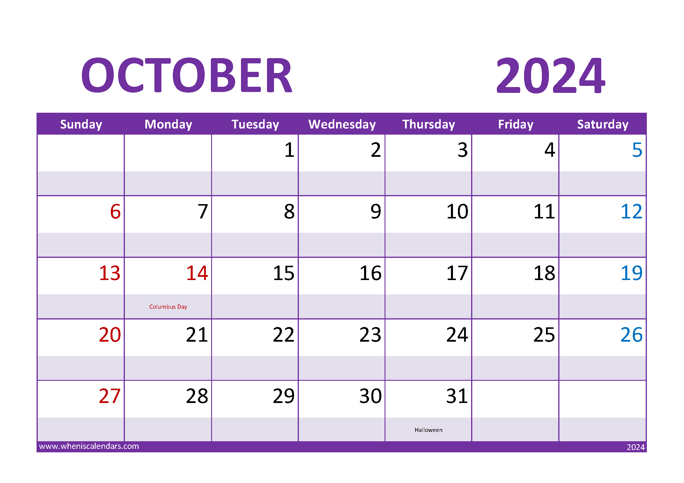 Download October Calendar 2024 with Holidays A4 Horizontal 104022
