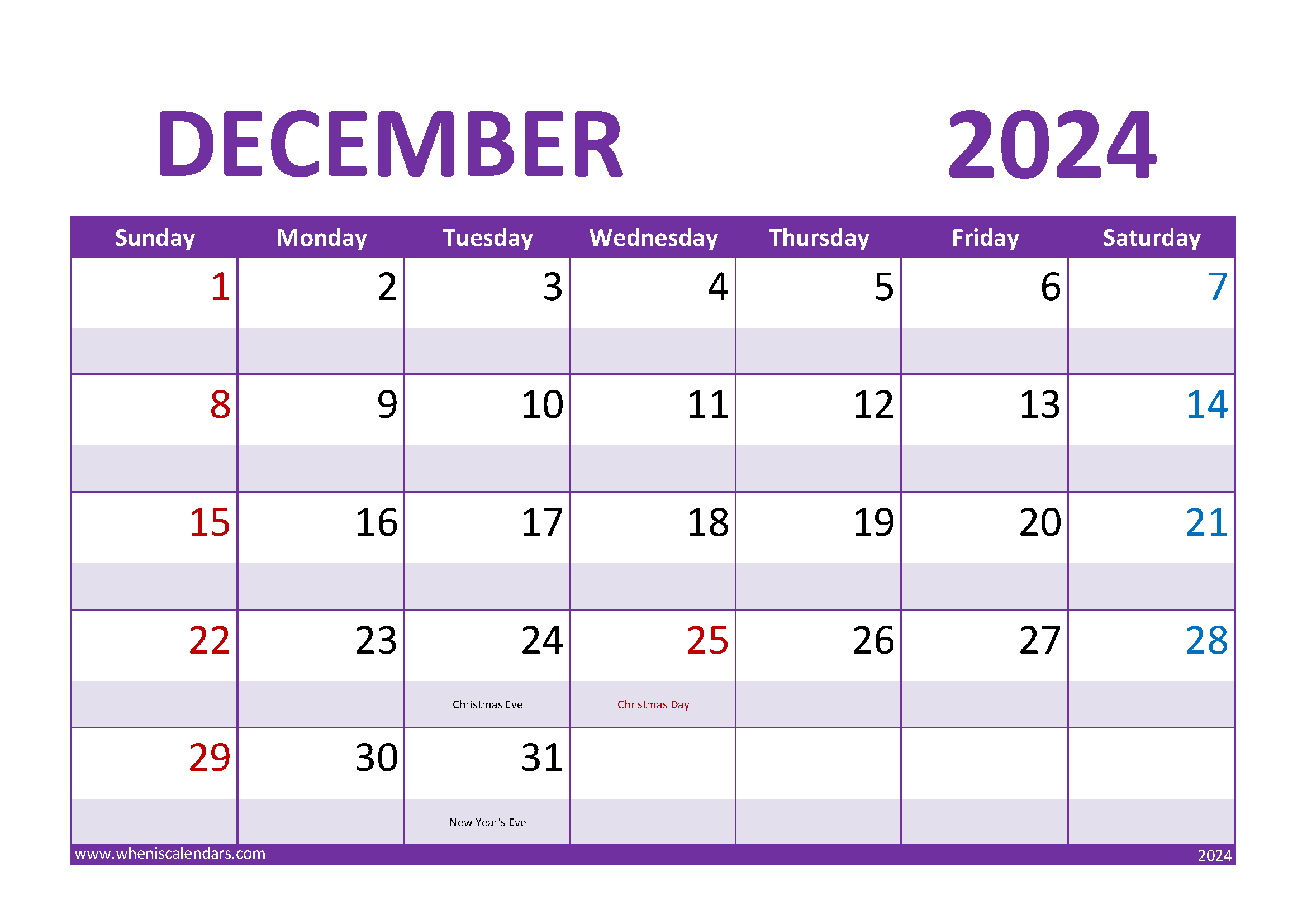 Download December Calendar 2024 with Holidays A4 Horizontal 124022