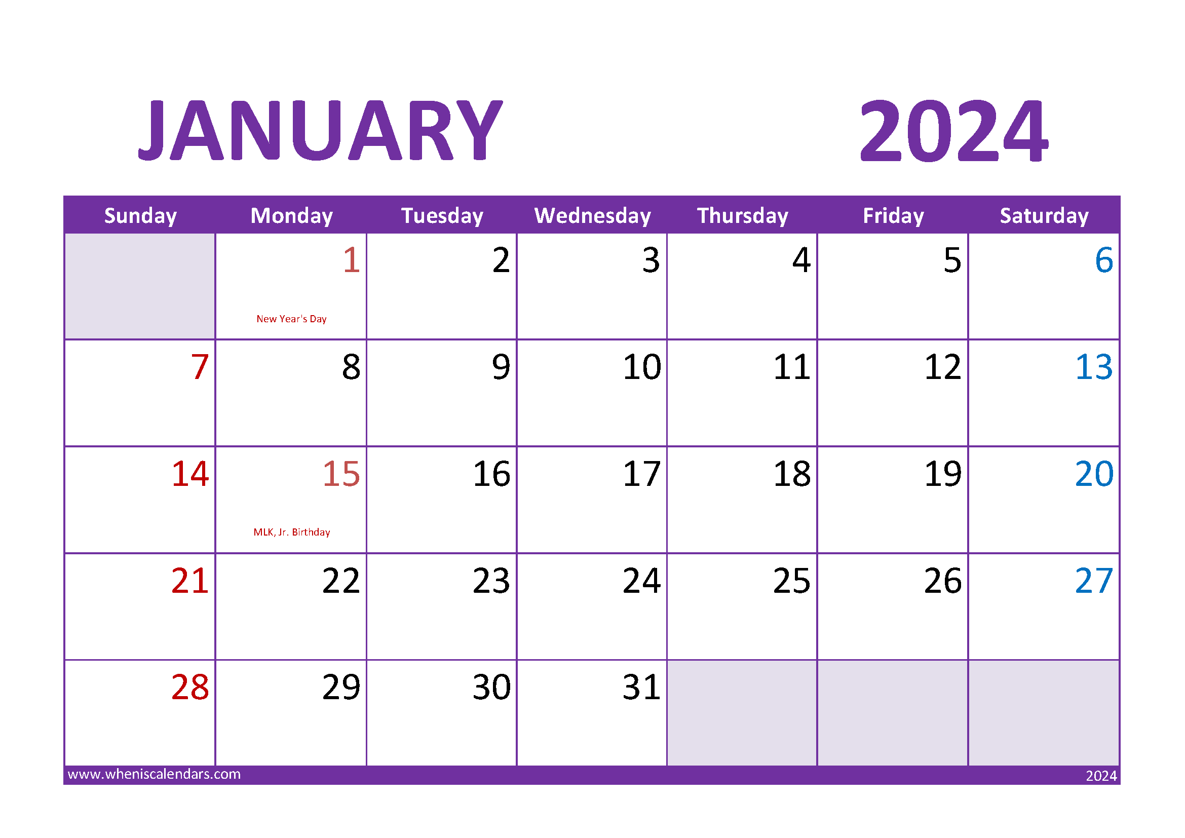 Download Blank Calendar January 2024 A4 Horizontal J4023