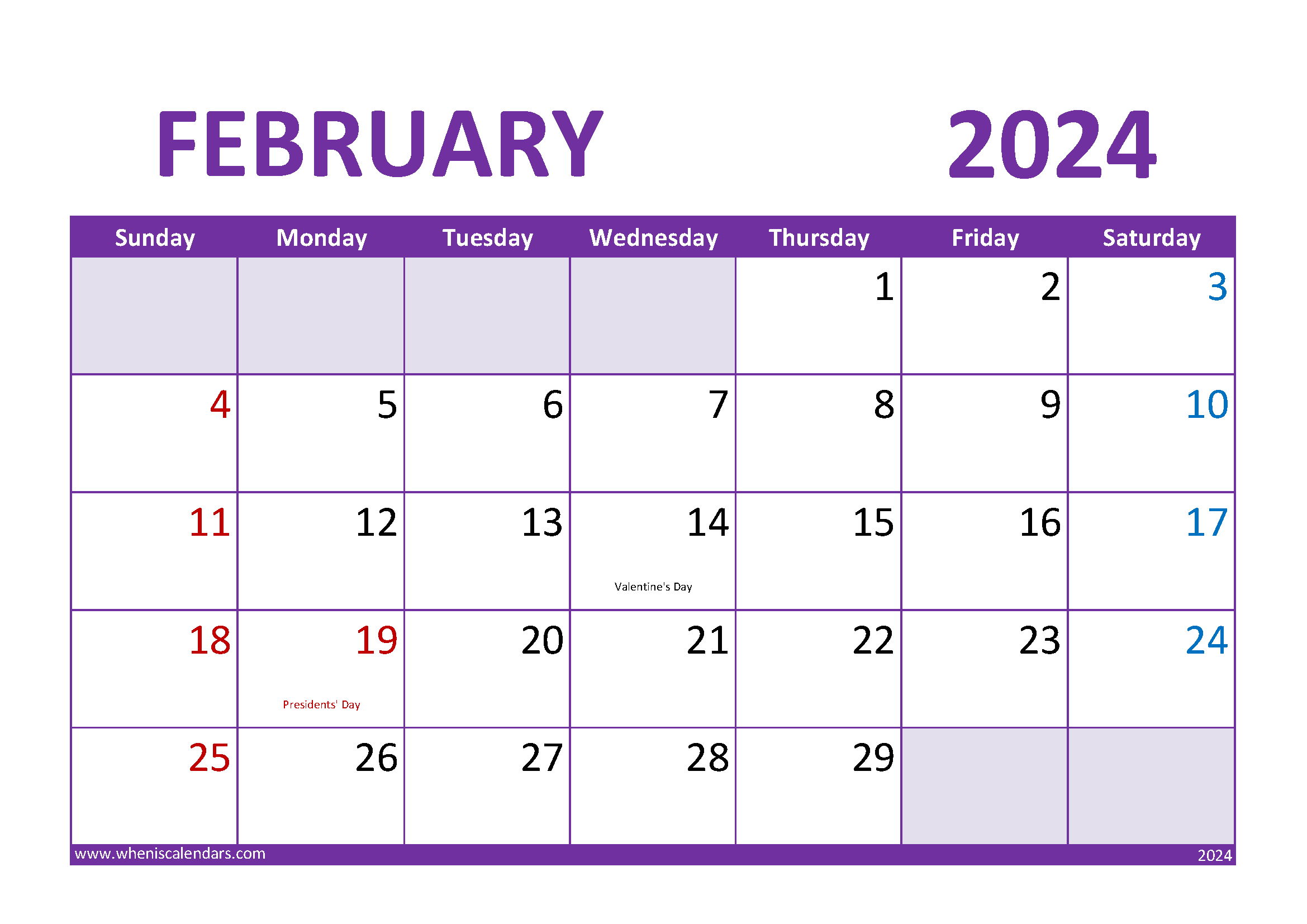 Download Blank Calendar February 2024 A4 Horizontal 24023