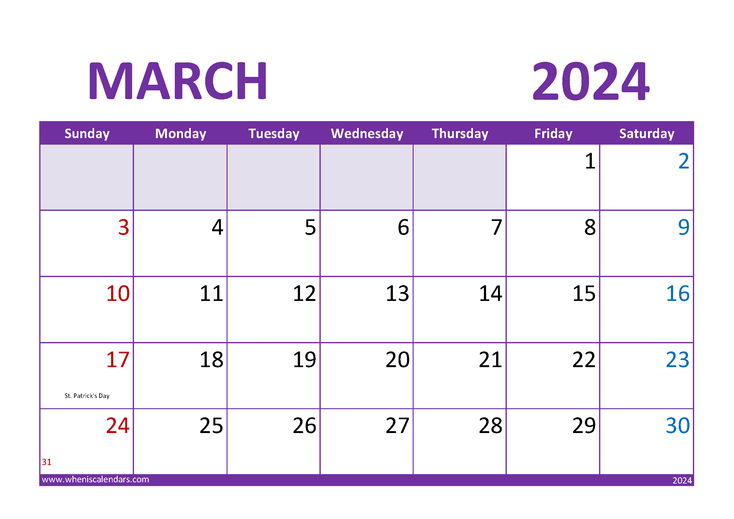 Download Blank Calendar March 2024 A4 Horizontal 34023