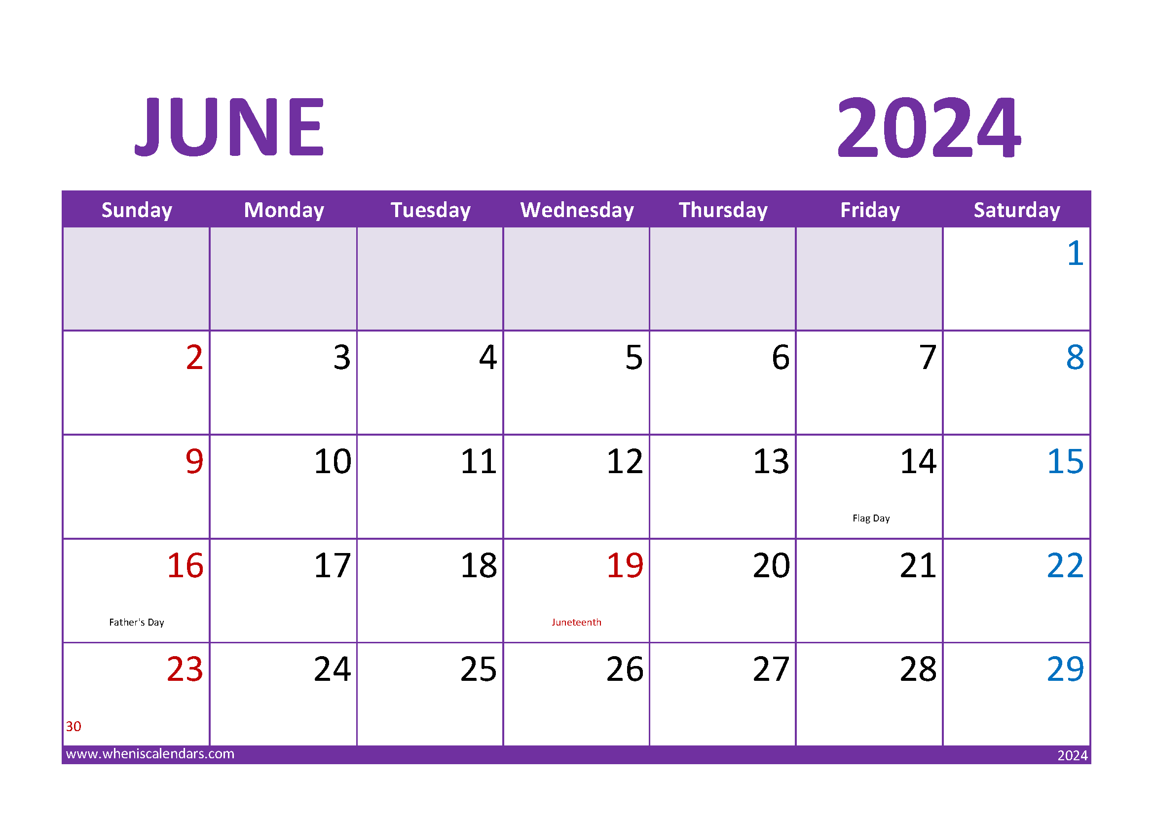 Download Blank Calendar June 2024 A4 Horizontal 64023