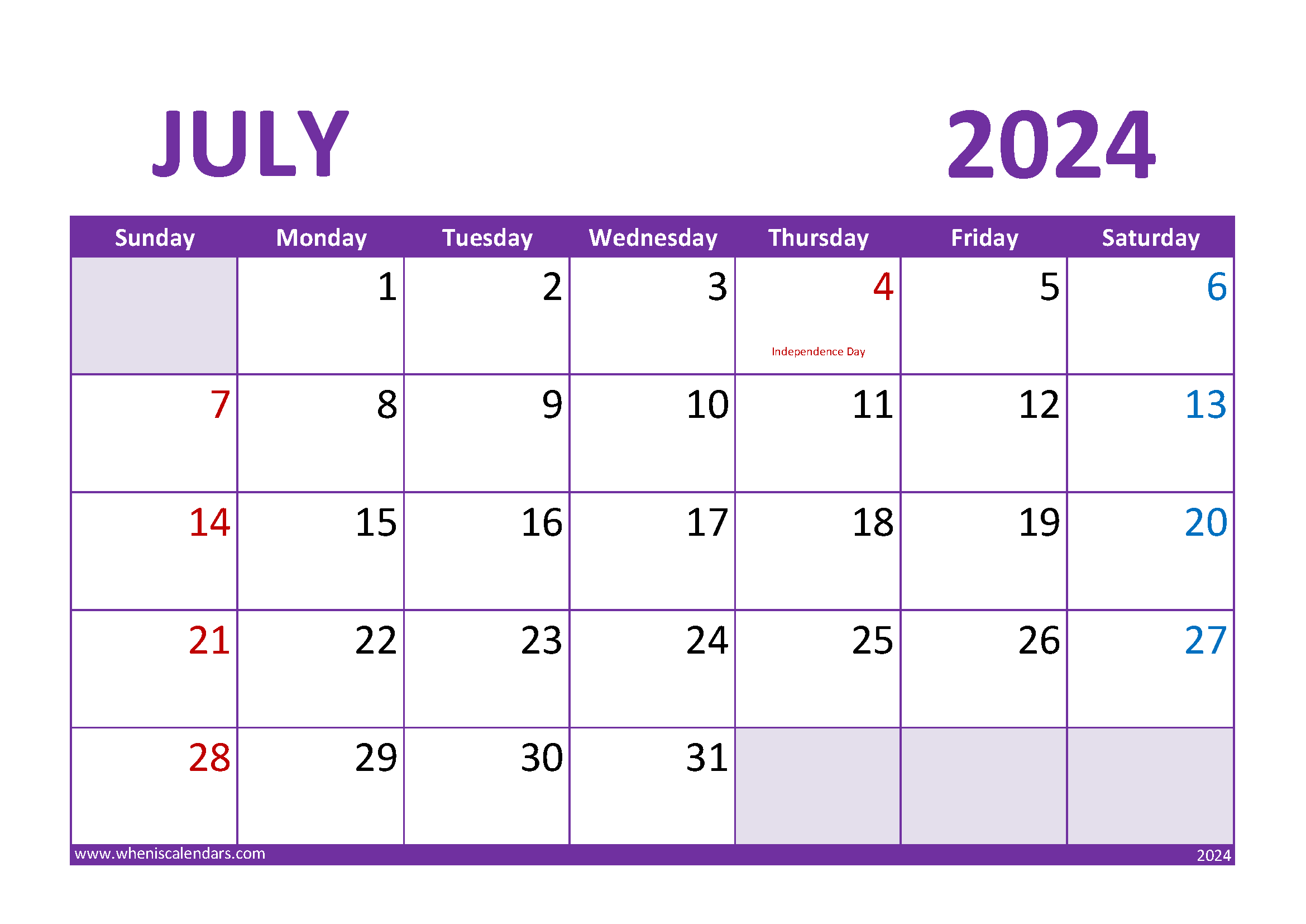 Download Blank Calendar July 2024 A4 Horizontal 74023